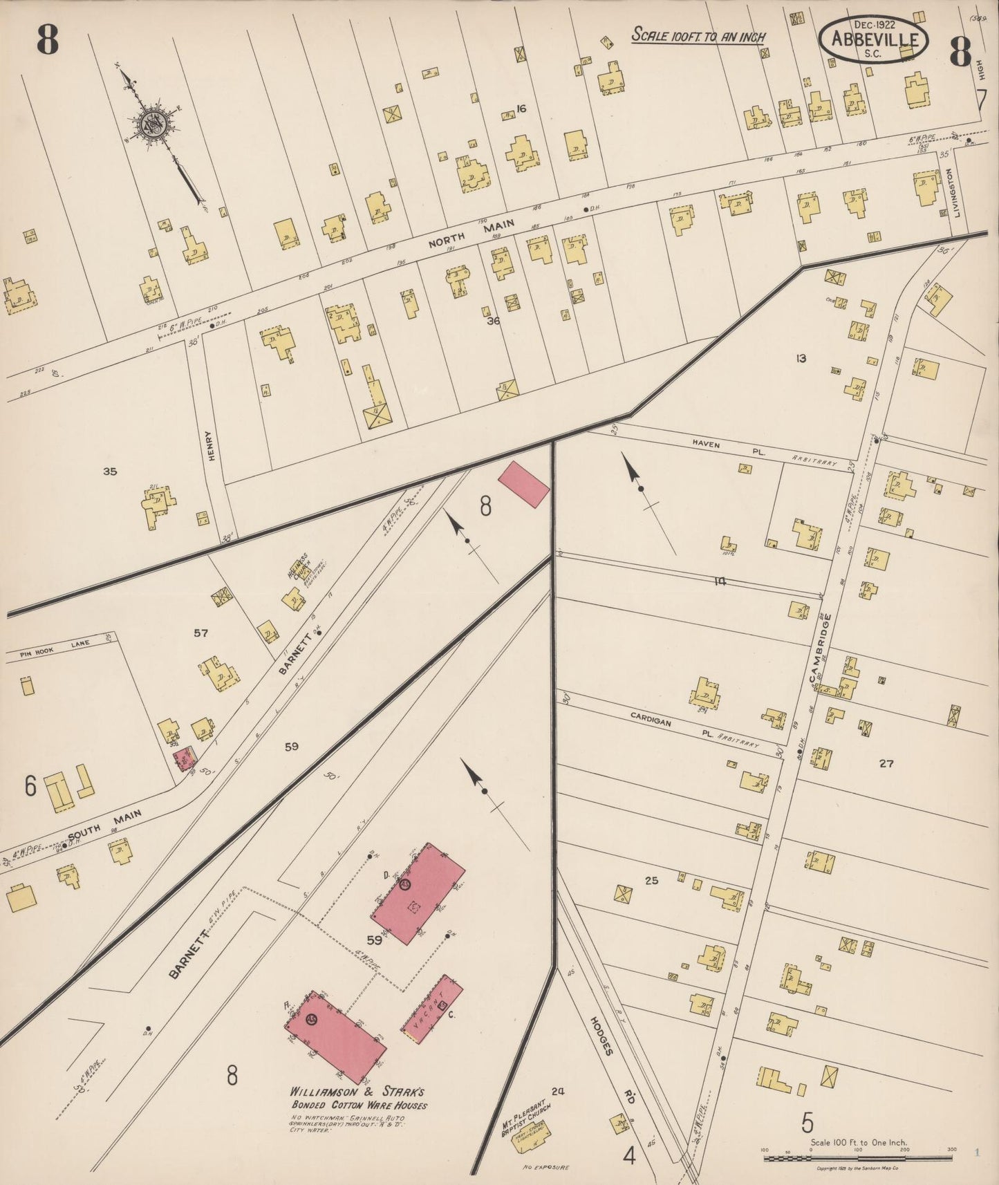 Sanborn Fire Insurance Map from Abbeville, Abbeville County, South Carolina (1922), Sheet #0008 - Historic Sanborn Fire Insurance Map Print, vintage old map wall art, antique decor, genealogy gift, South Carolina South Carolina map