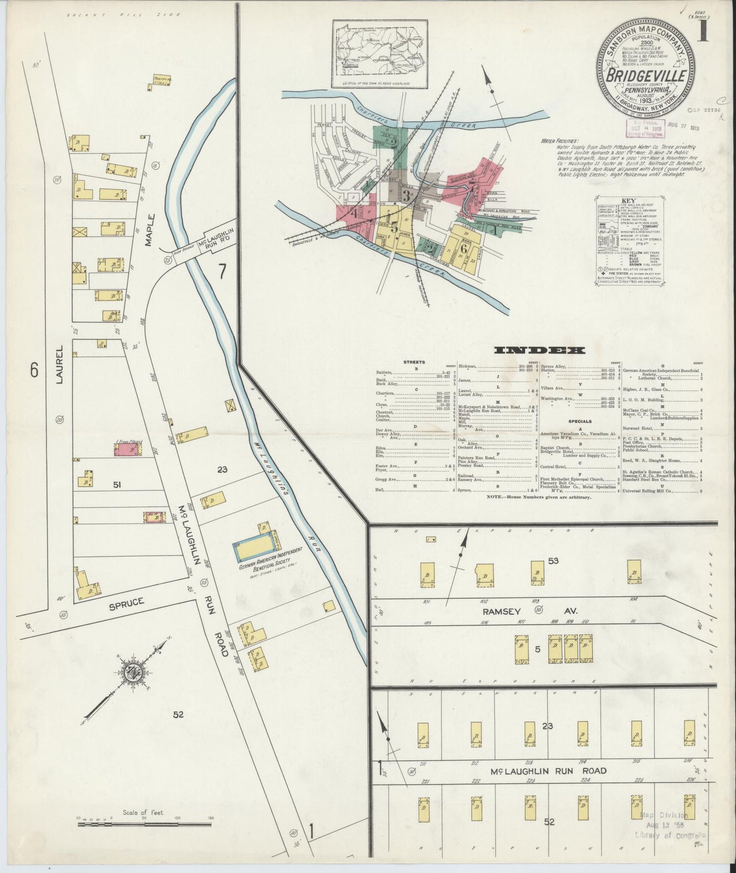 Sanborn Fire Insurance Map from Bridgeville, Allegheny County, Pennsylvania (1913), Sheet #0001 - Historic Sanborn Fire Insurance Map Print, vintage old map wall art, antique decor, genealogy gift, Pennsylvania Pennsylvania map