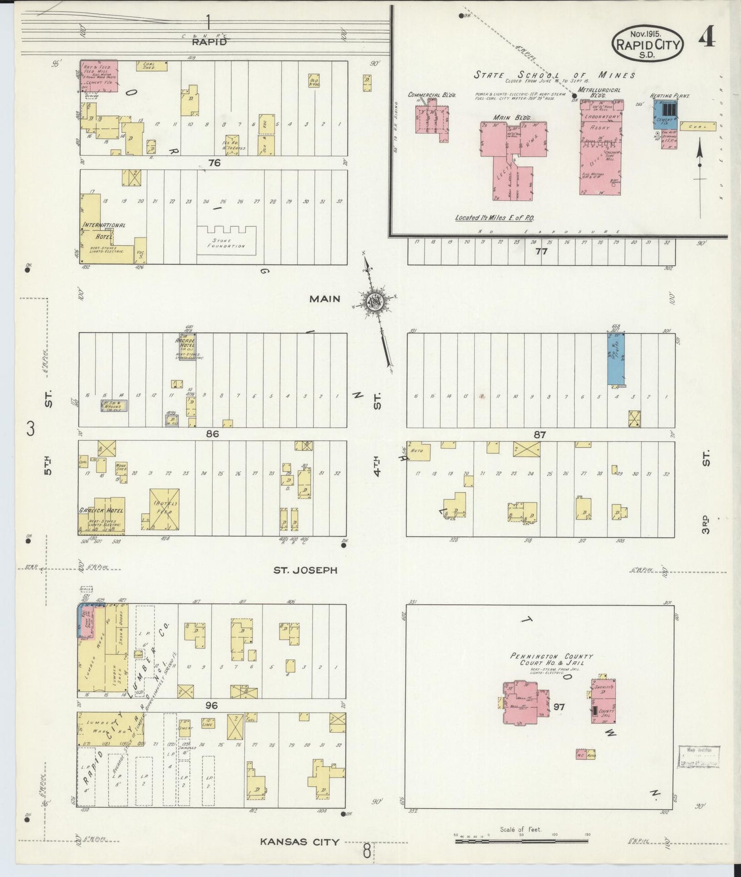 Sanborn Fire Insurance Map from Rapid City, Pennington County, South Dakota (1915), Sheet #0004 - Historic Sanborn Fire Insurance Map Print, vintage old map wall art, antique decor, genealogy gift, South Dakota South Dakota map