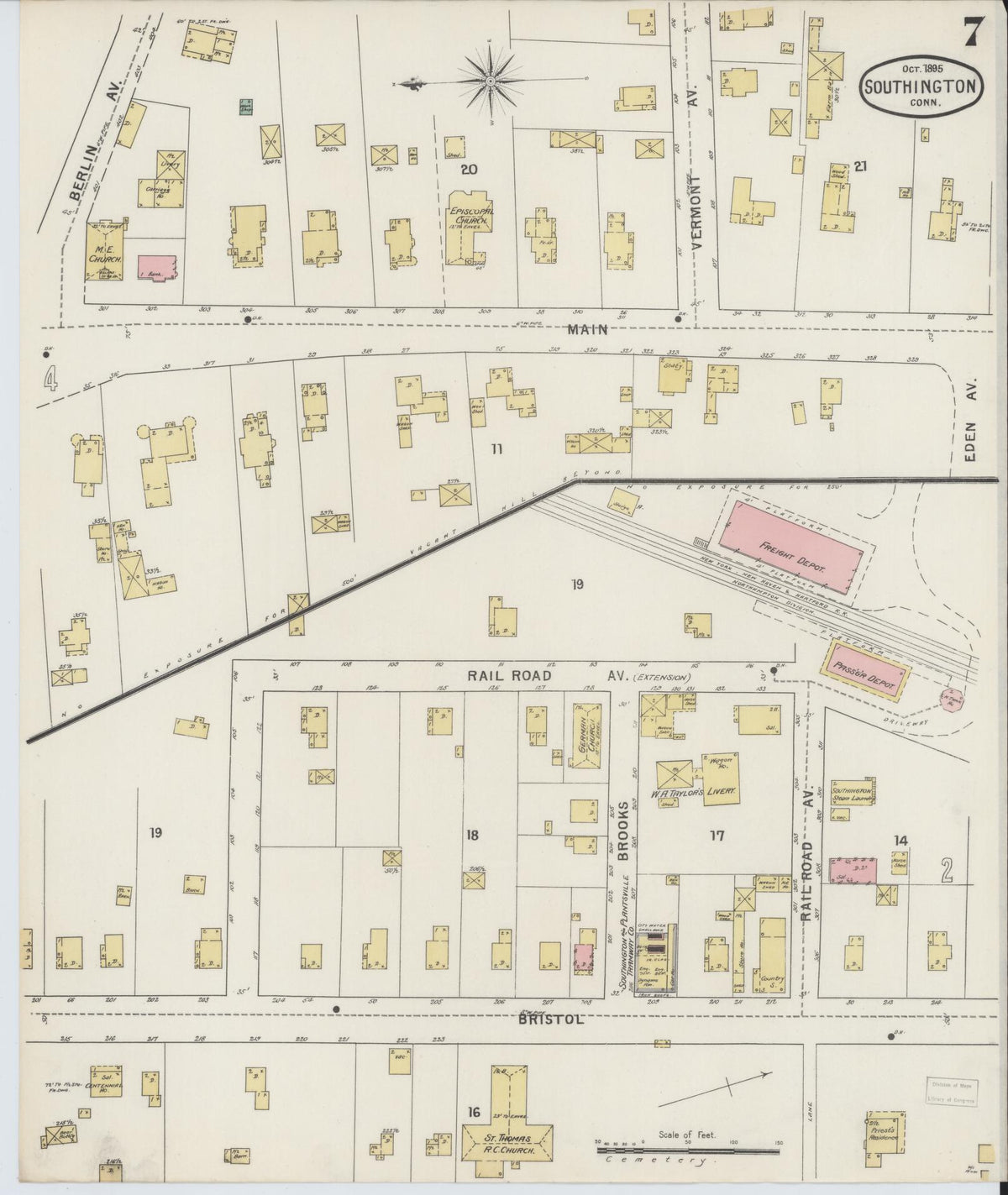 Sanborn Fire Insurance Map from Southington, Hartford County, Connecticut (1895), Sheet #0007 - Historic Sanborn Fire Insurance Map Print, vintage old map wall art, antique decor, genealogy gift, Connecticut Connecticut map