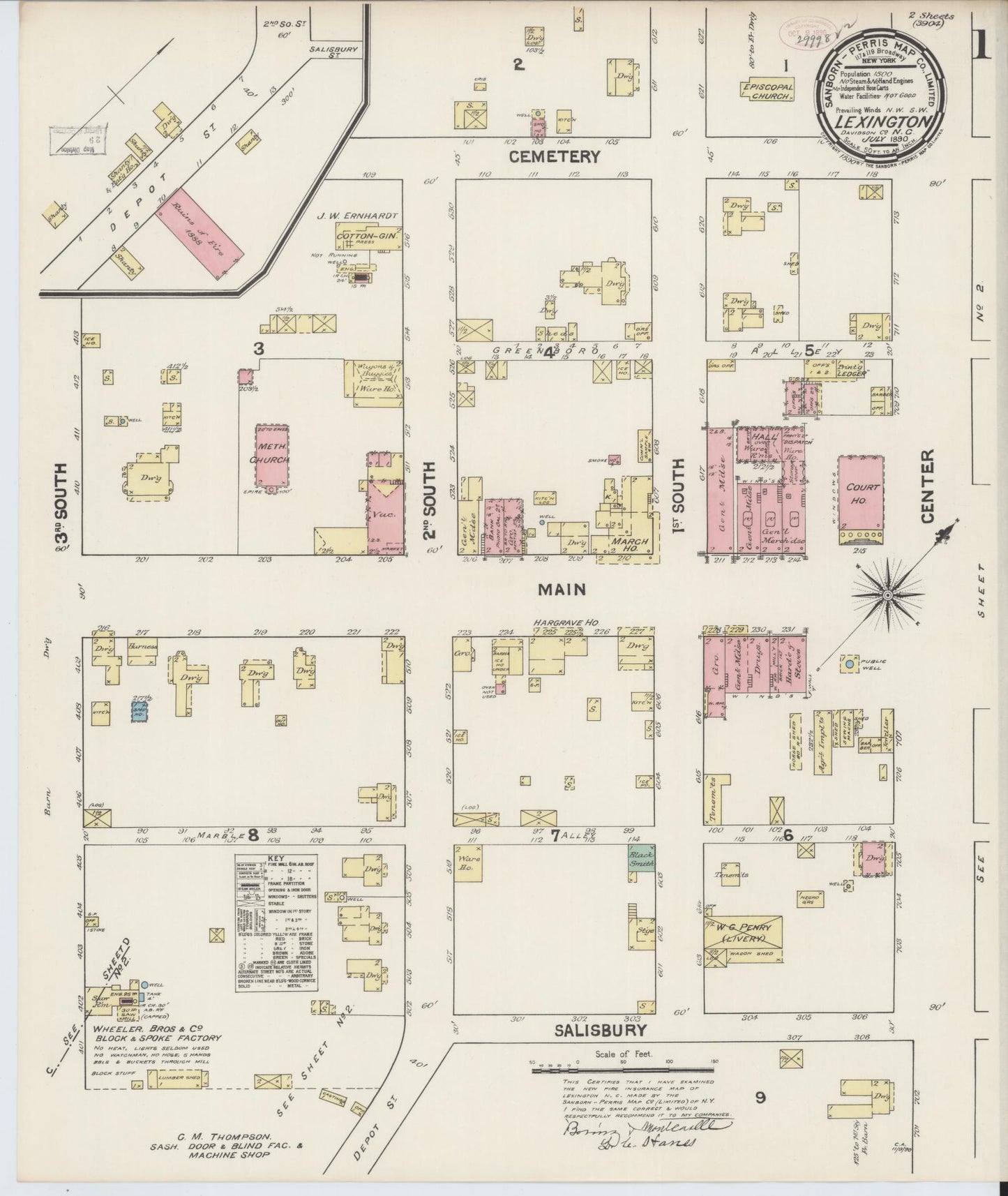 Sanborn Fire Insurance Map from Lexington, Davidson County, North Carolina (1890), Sheet #0001 - Historic Sanborn Fire Insurance Map Print, vintage old map wall art, antique decor, genealogy gift, North Carolina North Carolina map
