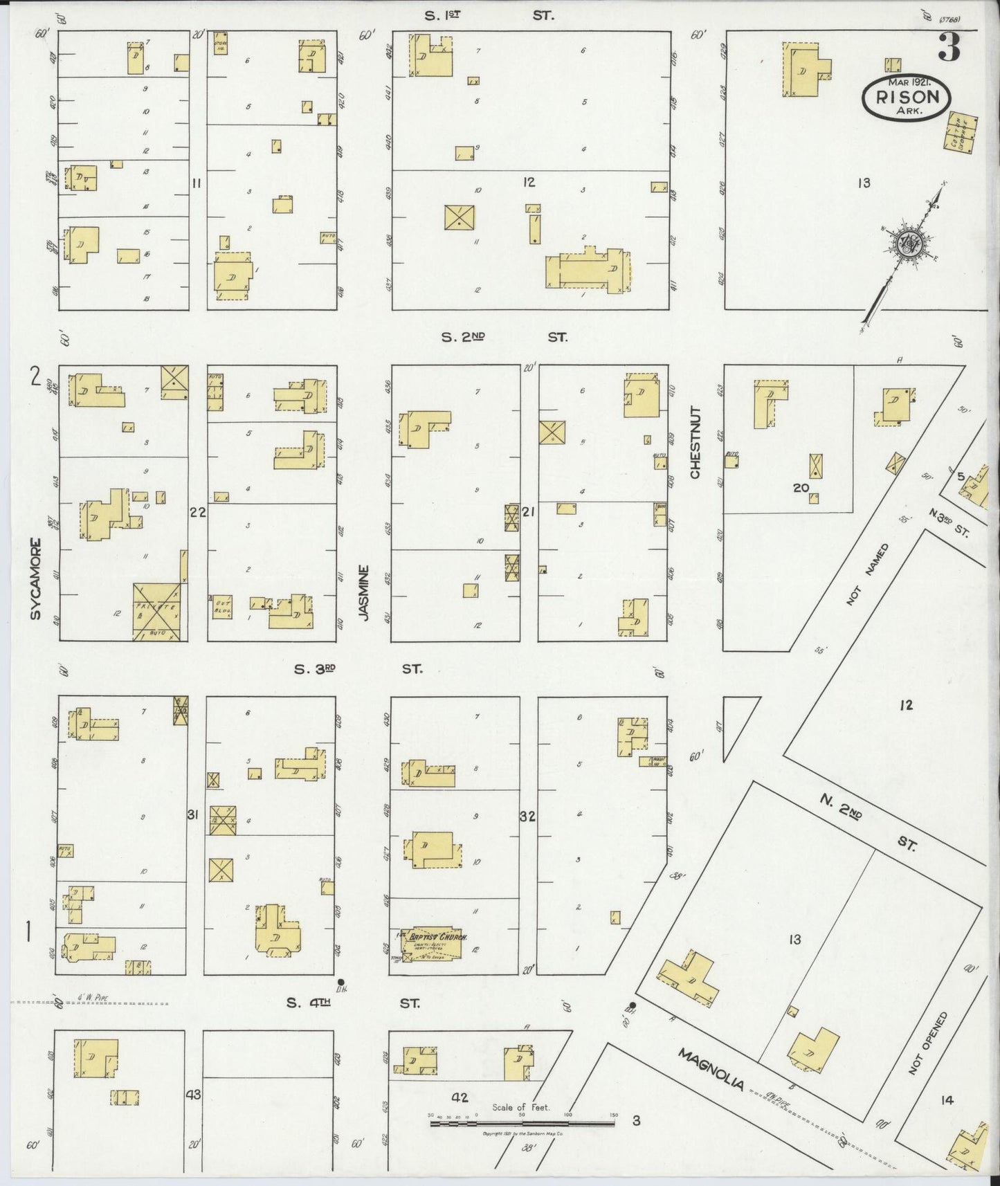 Sanborn Fire Insurance Map from Rison, Cleveland County, Arkansas (1921), Sheet #0003 - Historic Sanborn Fire Insurance Map Print, vintage old map wall art, antique decor, genealogy gift, Arkansas Arkansas map