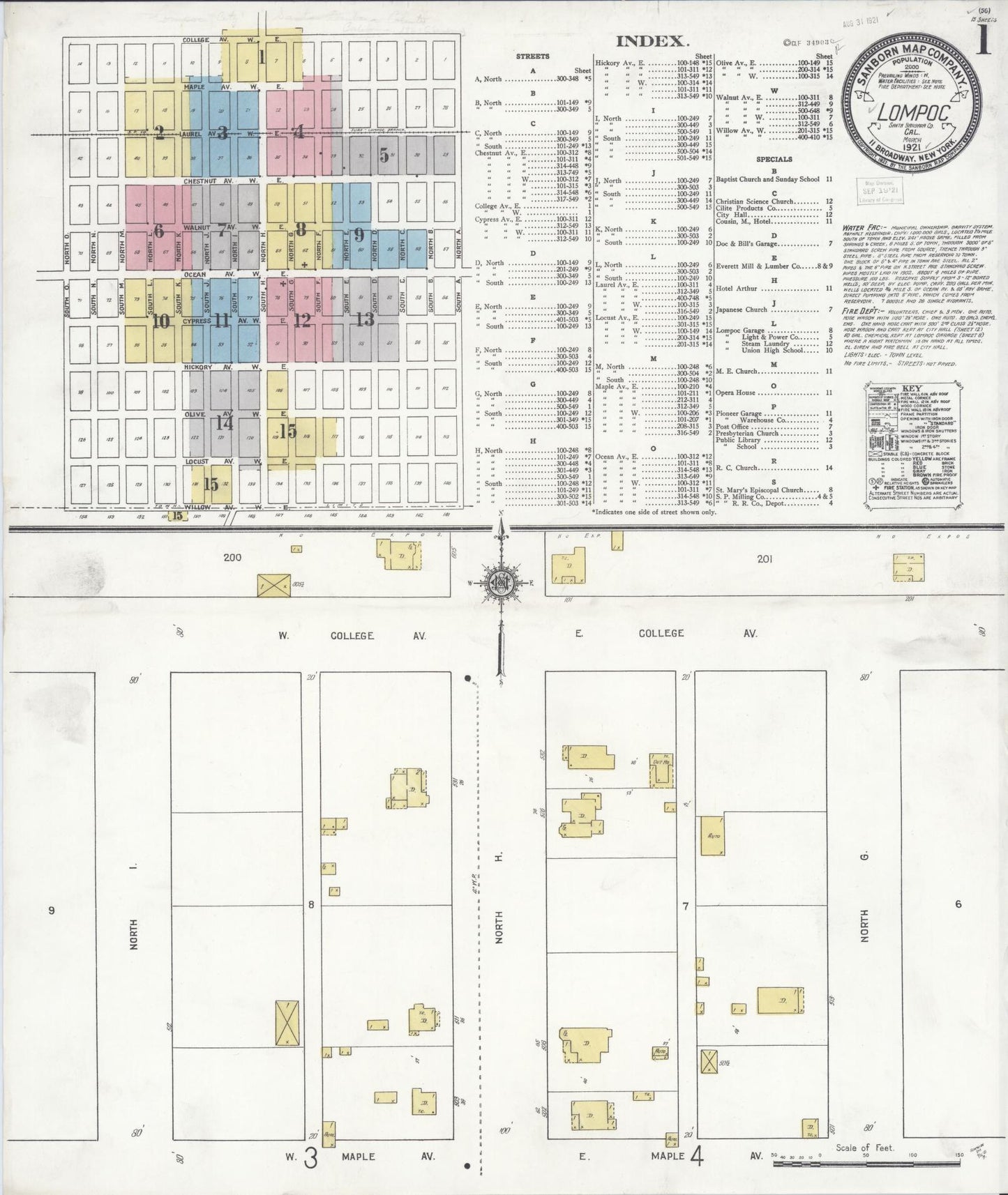 Sanborn Fire Insurance Map from Lompoc, Santa Barbara County, California (1921), Sheet #0001 - Historic Sanborn Fire Insurance Map Print, vintage old map wall art, antique decor, genealogy gift, California California map
