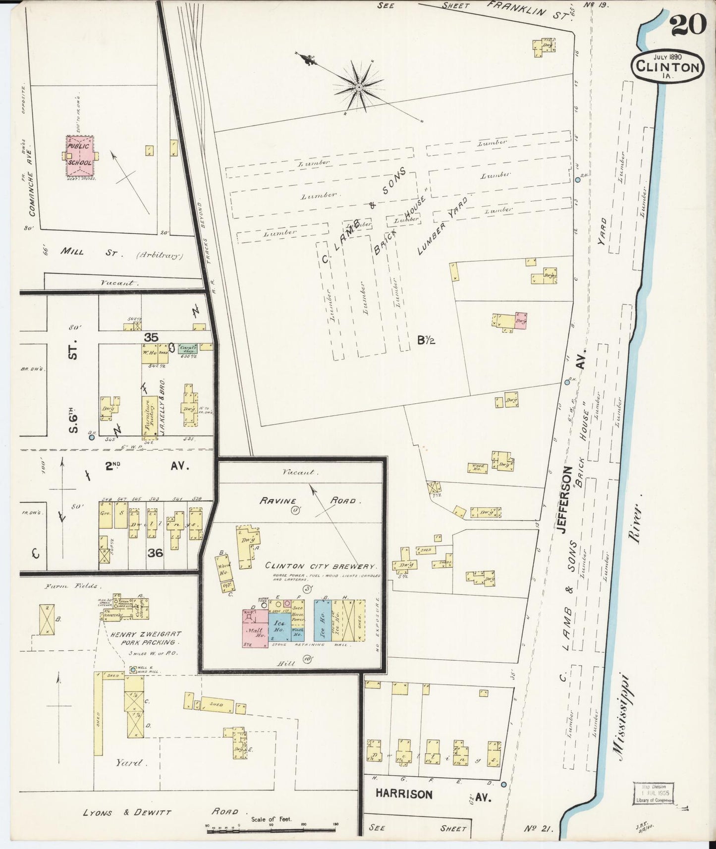 Sanborn Fire Insurance Map from Clinton, Clinton County, Iowa (1890), Sheet #0020 - Historic Sanborn Fire Insurance Map Print, vintage old map wall art