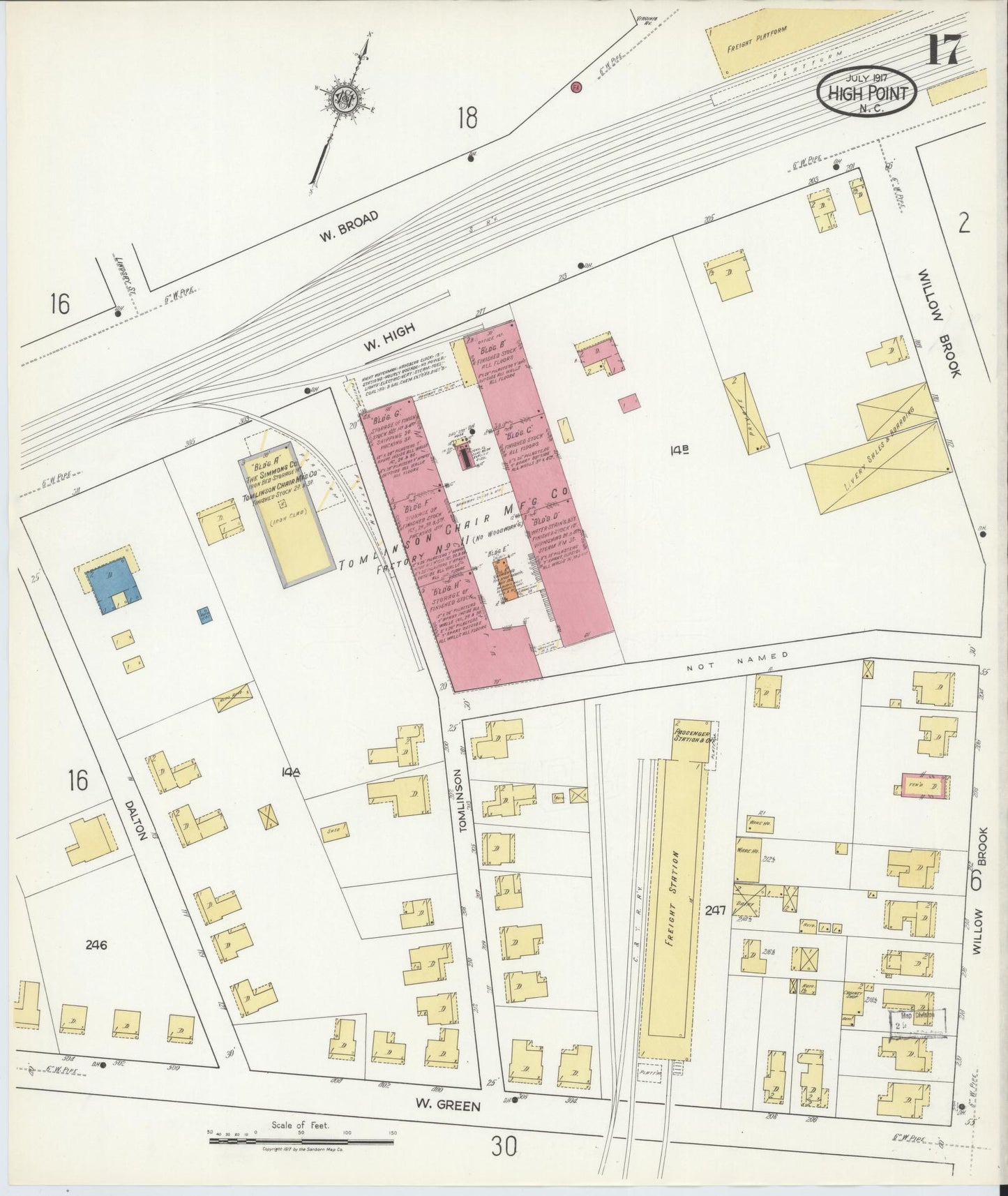 Sanborn Fire Insurance Map from High Point, Guilford County, North Carolina (1917), Sheet #0017 - Historic Sanborn Fire Insurance Map Print, vintage old map wall art, antique decor, genealogy gift, North Carolina North Carolina map