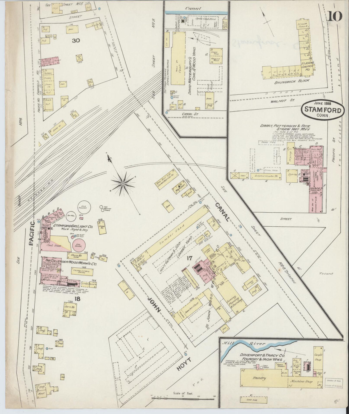 Sanborn Fire Insurance Map from Stamford, Fairfield County, Connecticut (1888), Sheet #0010 - Historic Sanborn Fire Insurance Map Print, vintage old map wall art, antique decor, genealogy gift, Connecticut Connecticut map