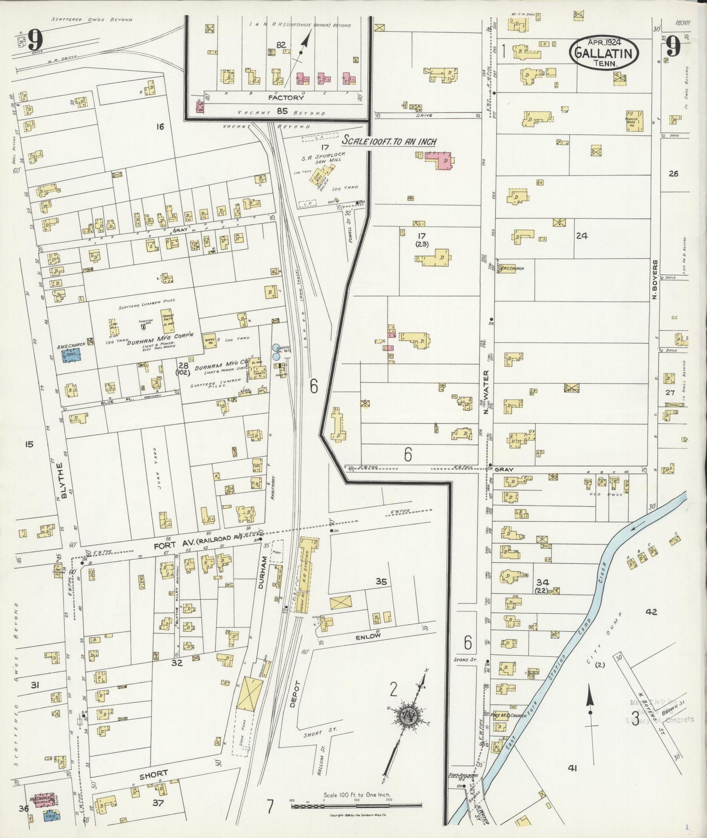Sanborn Fire Insurance Map from Gallatin, Sumner County, Tennessee (1924), Sheet #0009 - Complete Map Set gallery image, historic Sanborn map, vintage wall art, Tennessee Tennessee
