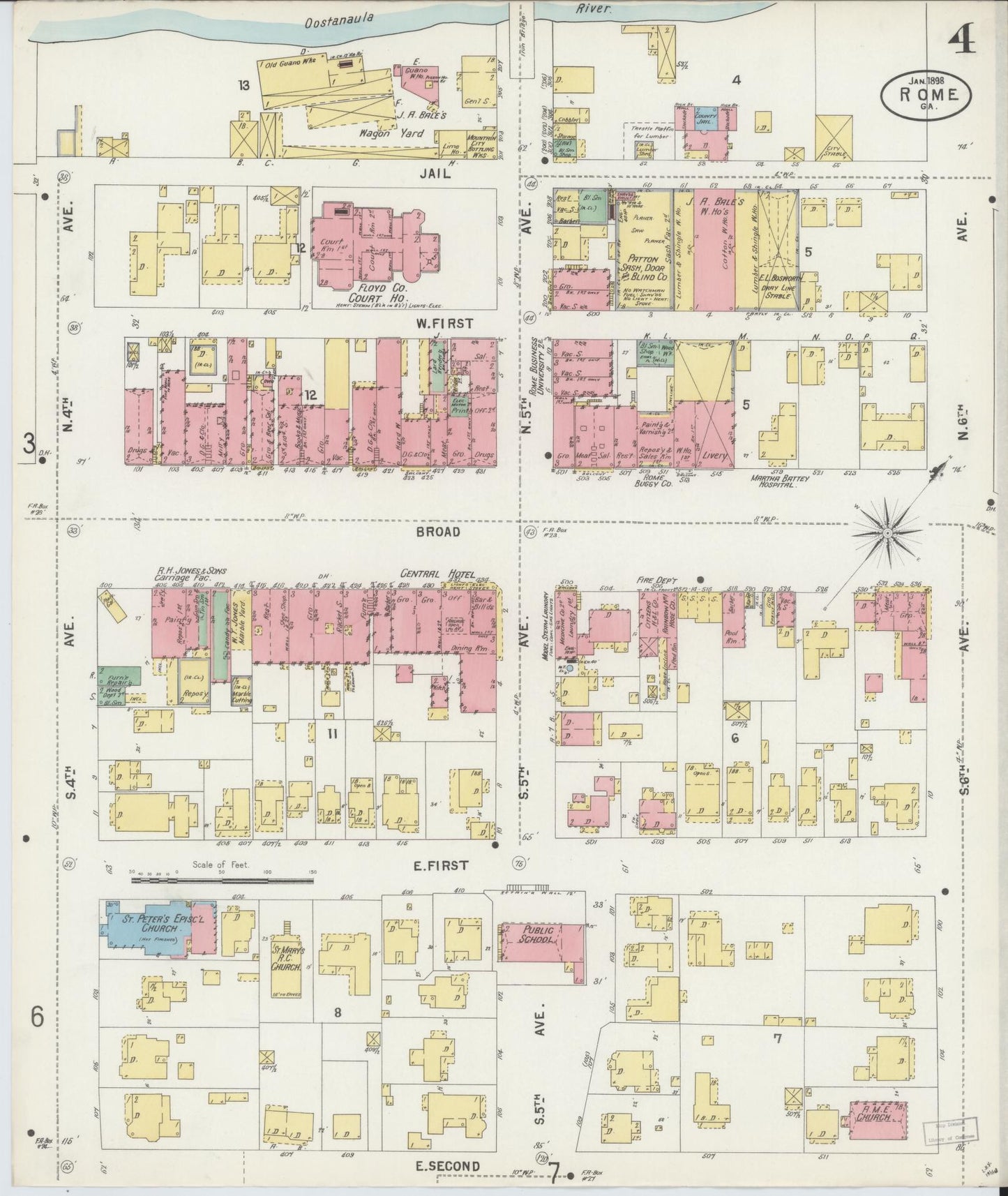 Sanborn Fire Insurance Map from Rome, Floyd County, Georgia (1898), Sheet #0004 - Historic Sanborn Fire Insurance Map Print, vintage old map wall art, antique decor, genealogy gift, Georgia Georgia map