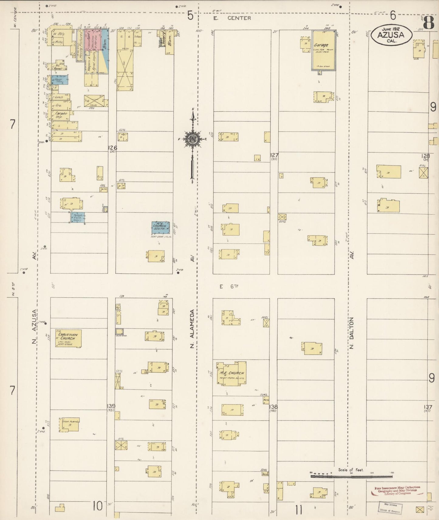 Sanborn Fire Insurance Map from Azusa, Los Angeles County, California (1912), Sheet #0008 - Historic Sanborn Fire Insurance Map Print, vintage old map wall art, antique decor, genealogy gift, California California map