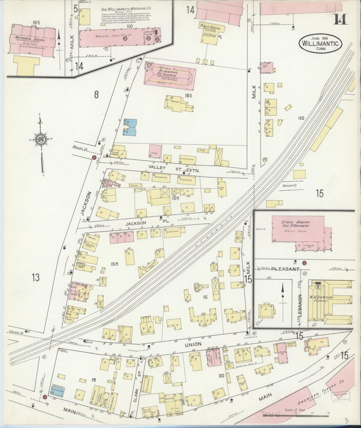 Sanborn Fire Insurance Map from Willimantic, Windham County, Connecticut (1914), Sheet #0014 - Historic Sanborn Fire Insurance Map Print, vintage old map wall art, antique decor, genealogy gift, Connecticut Connecticut map