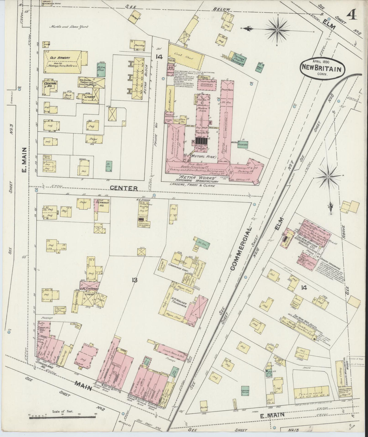 Sanborn Fire Insurance Map from New Britain, Hartford County, Connecticut (1890), Sheet #0004 - Historic Sanborn Fire Insurance Map Print, vintage old map wall art, antique decor, genealogy gift, Connecticut Connecticut map