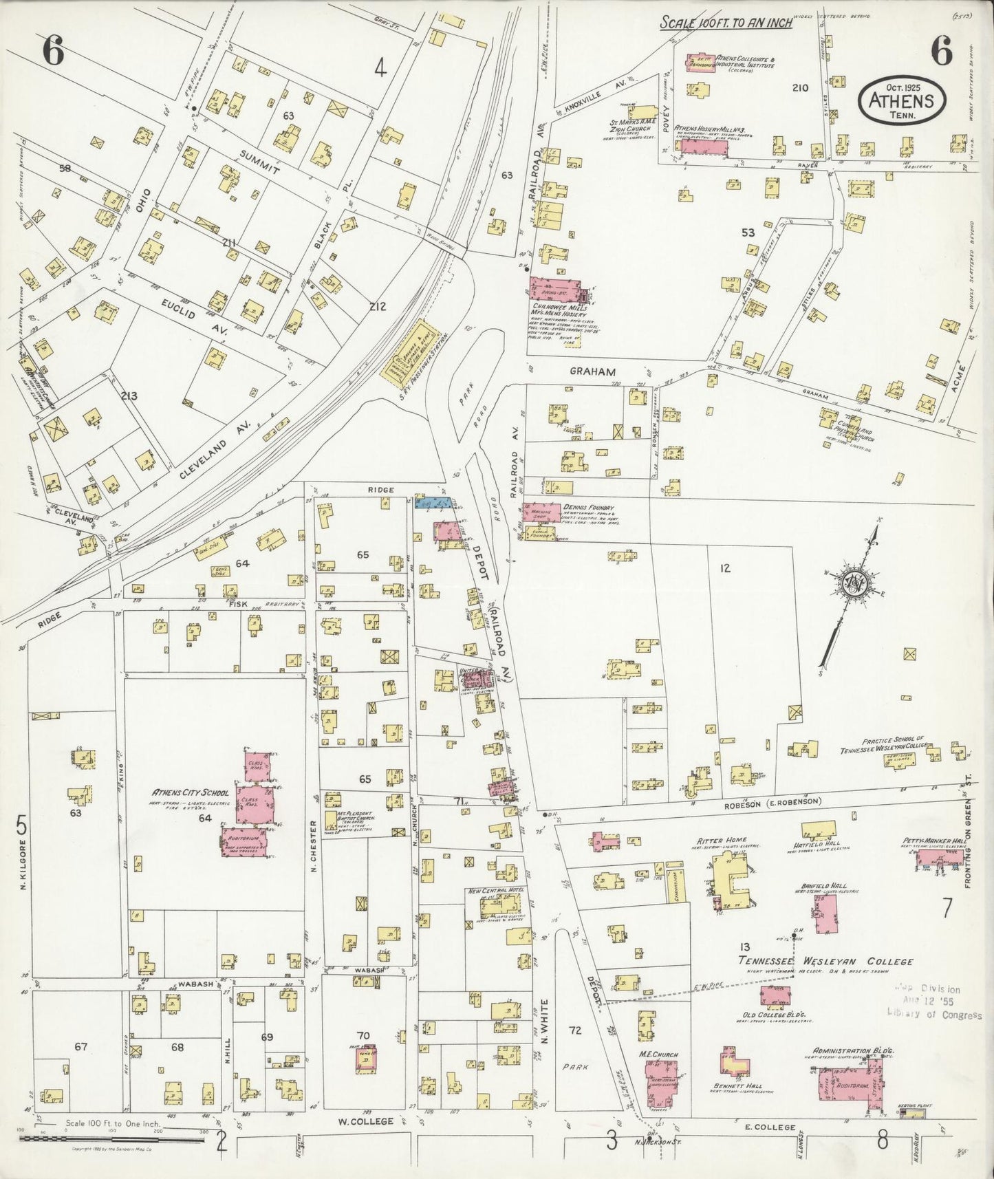 Sanborn Fire Insurance Map from Athens, McMinn County, Tennessee (1925), Sheet #0006 - Historic Sanborn Fire Insurance Map Print, vintage old map wall art, antique decor, genealogy gift, Tennessee Tennessee map