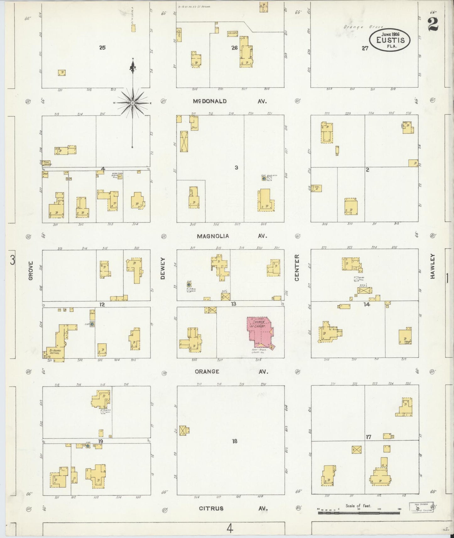 Sanborn Fire Insurance Map from Eustis, Lake County, Florida (1906), Sheet #0002 - Historic Sanborn Fire Insurance Map Print, vintage old map wall art, antique decor, genealogy gift, Florida Florida map
