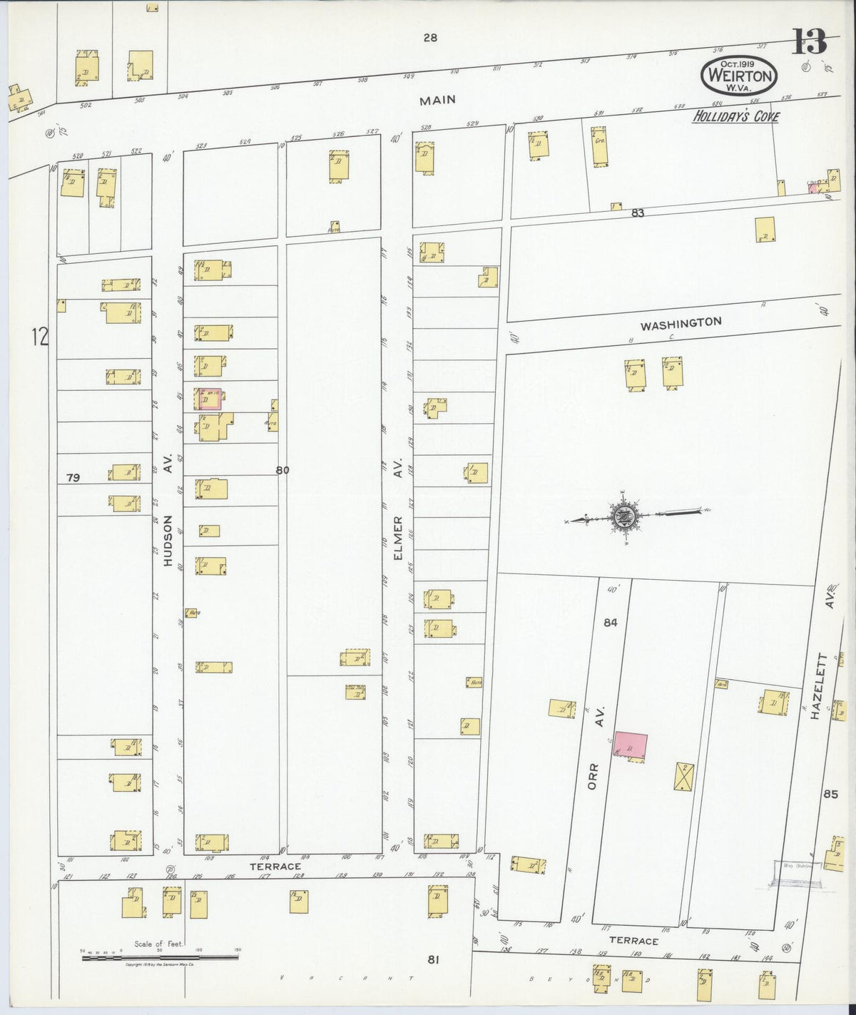 Sanborn Fire Insurance Map from Weirton, Hancock County, West Virginia (1919), Sheet #0013 - Historic Sanborn Fire Insurance Map Print, vintage old map wall art, antique decor, genealogy gift, West Virginia West Virginia map