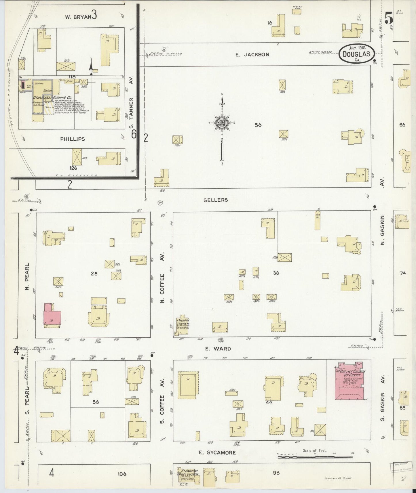 Sanborn Fire Insurance Map from Douglas, Coffee County, Georgia (1912), Sheet #0005 - Historic Sanborn Fire Insurance Map Print, vintage old map wall art, antique decor, genealogy gift, Georgia Georgia map