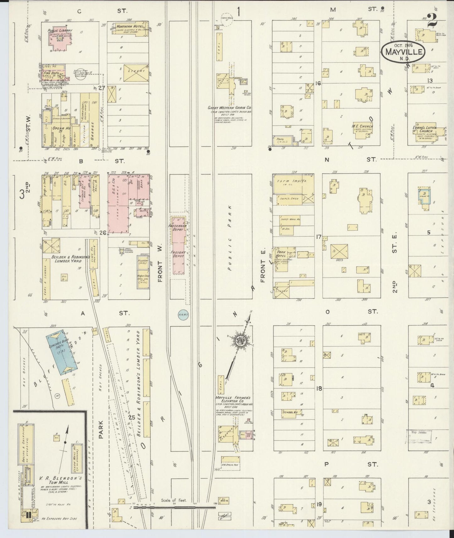 Sanborn Fire Insurance Map from Mayville, Traill County, North Dakota (1914), Sheet #0002 - Historic Sanborn Fire Insurance Map Print, vintage old map wall art, antique decor, genealogy gift, North Dakota North Dakota map