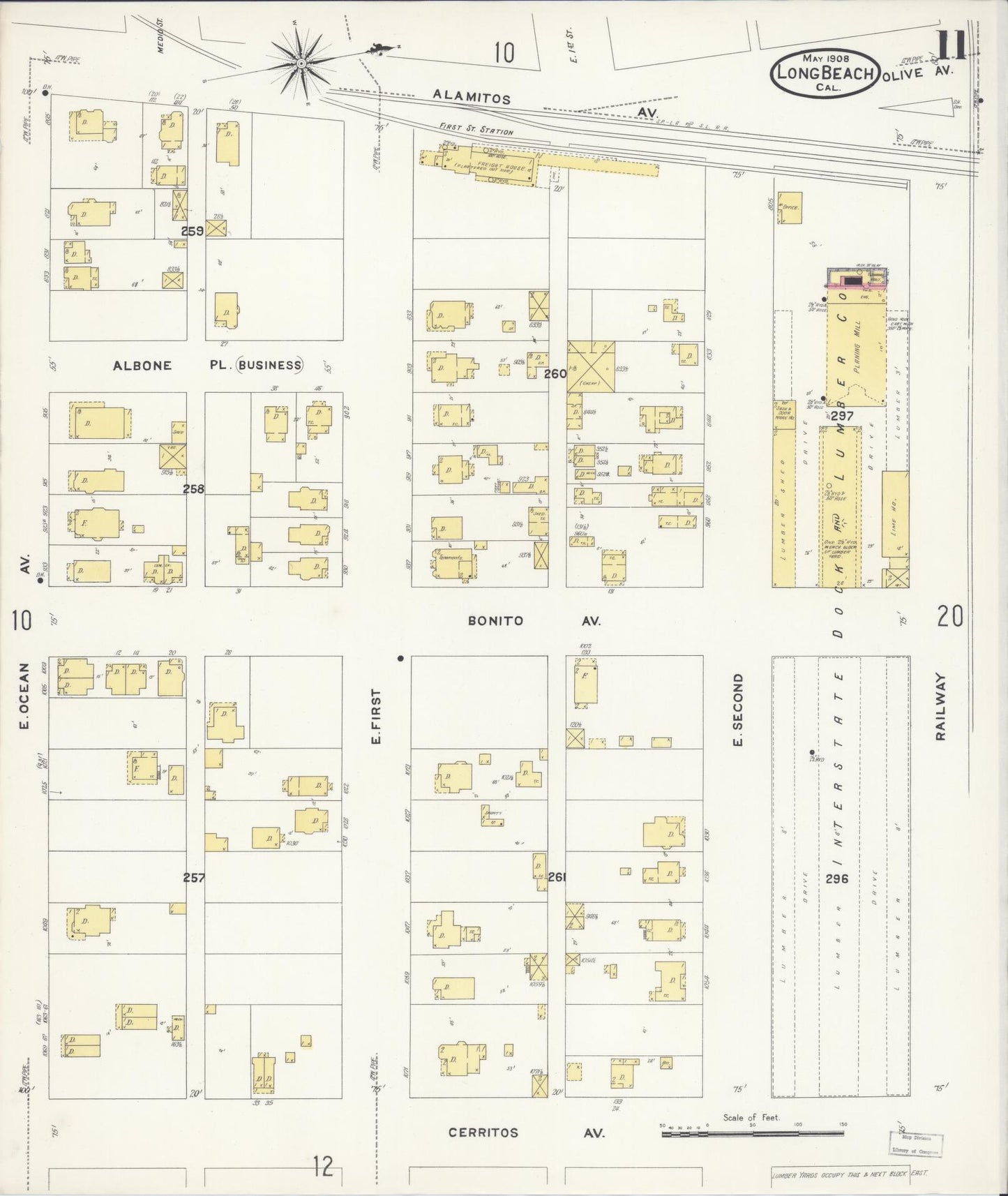 Sanborn Fire Insurance Map from Long Beach, Los Angeles County, California (1908), Sheet #0011 - Historic Sanborn Fire Insurance Map Print, vintage old map wall art, antique decor, genealogy gift, California California map