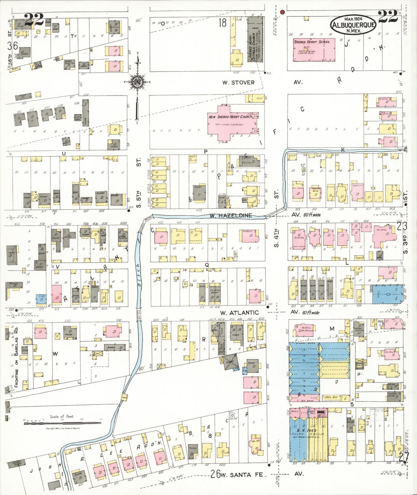 Sanborn Fire Insurance Map from Albuquerque, Bernalillo County, New Mexico (1924), Sheet #0022 - Historic Sanborn Fire Insurance Map Print, vintage old map wall art, antique decor, genealogy gift, New Mexico New Mexico map