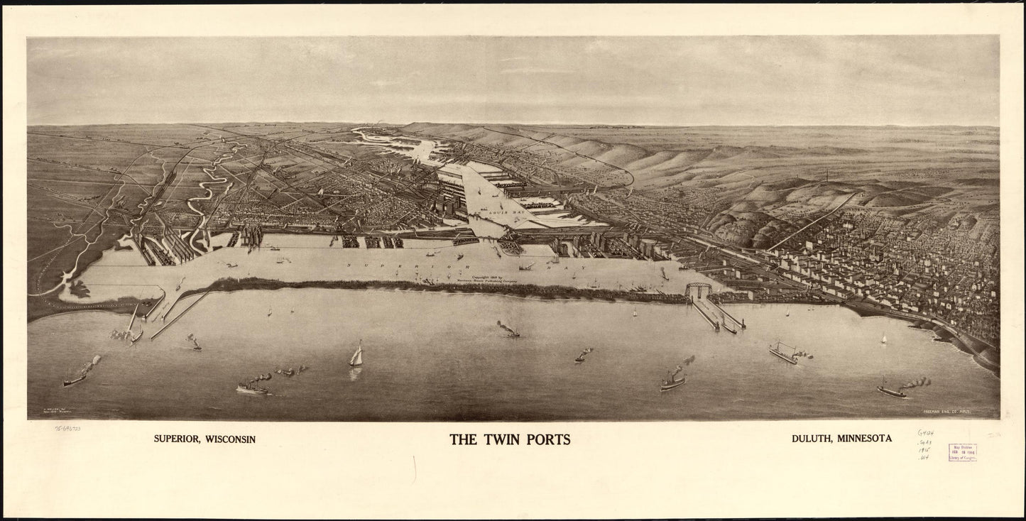 The twin ports, Superior, Wisconsin, Duluth, Minnesota. (1915) – Historic Bird’s-Eye View Panorama Print