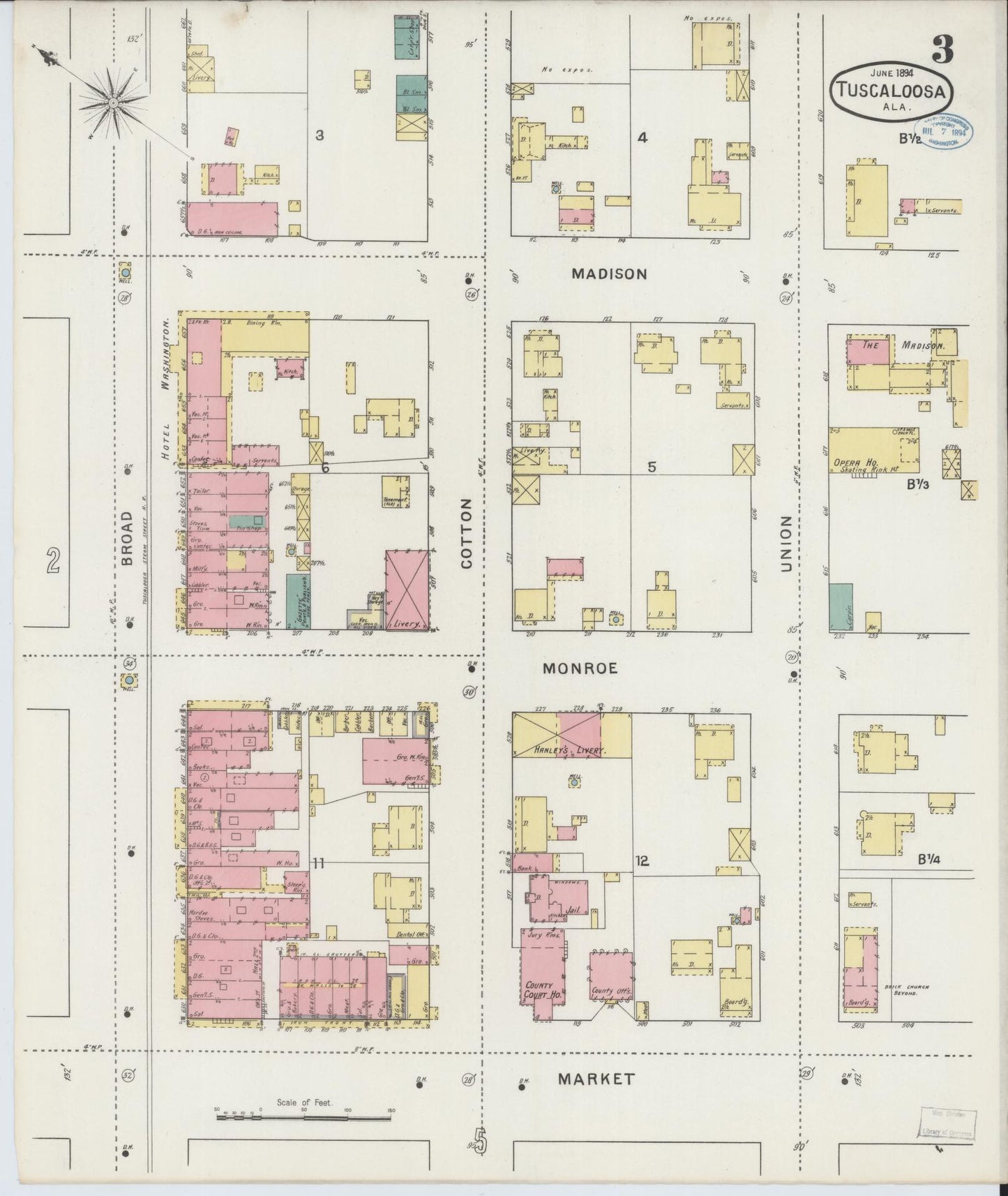 Sanborn Fire Insurance Map from Tuscaloosa, Tuscaloosa County, Alabama (1894), Sheet #0003 - Historic Sanborn Fire Insurance Map Print, vintage old map wall art, antique decor, genealogy gift, Alabama Alabama map