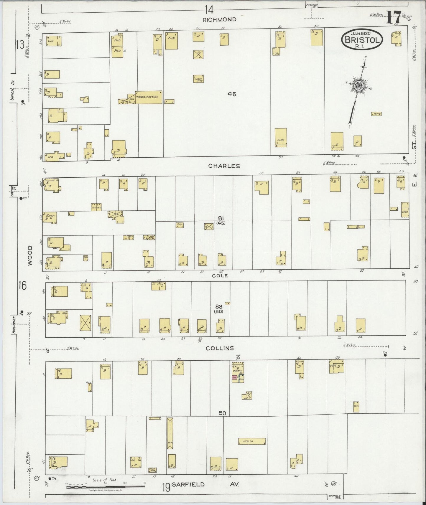 Sanborn Fire Insurance Map from Bristol, Bristol County, Rhode Island (1920), Sheet #0017 - Historic Sanborn Fire Insurance Map Print, vintage old map wall art, antique decor, genealogy gift, Rhode Island Rhode Island map