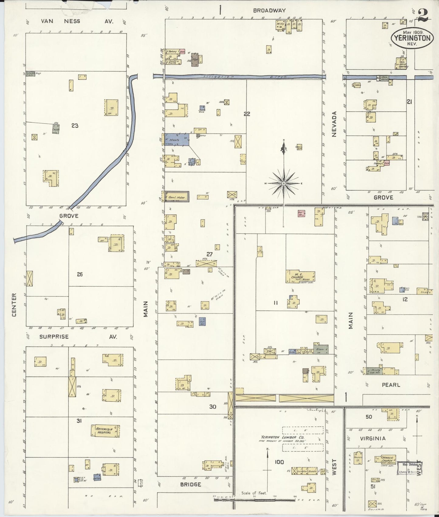 Sanborn Fire Insurance Map from Yerington, Lyon County, Nevada (1909), Sheet #0002 - Complete Map Set gallery image, historic Sanborn map, vintage wall art, Nevada Nevada