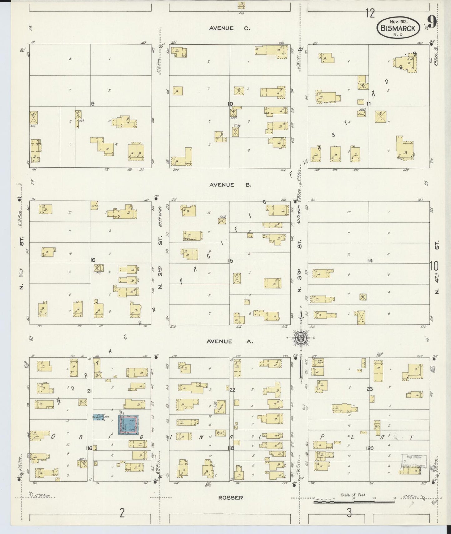 Sanborn Fire Insurance Map from Bismarck, Burleigh County, North Dakota (1912), Sheet #0009 - Historic Sanborn Fire Insurance Map Print, vintage old map wall art, antique decor, genealogy gift, North Dakota North Dakota map