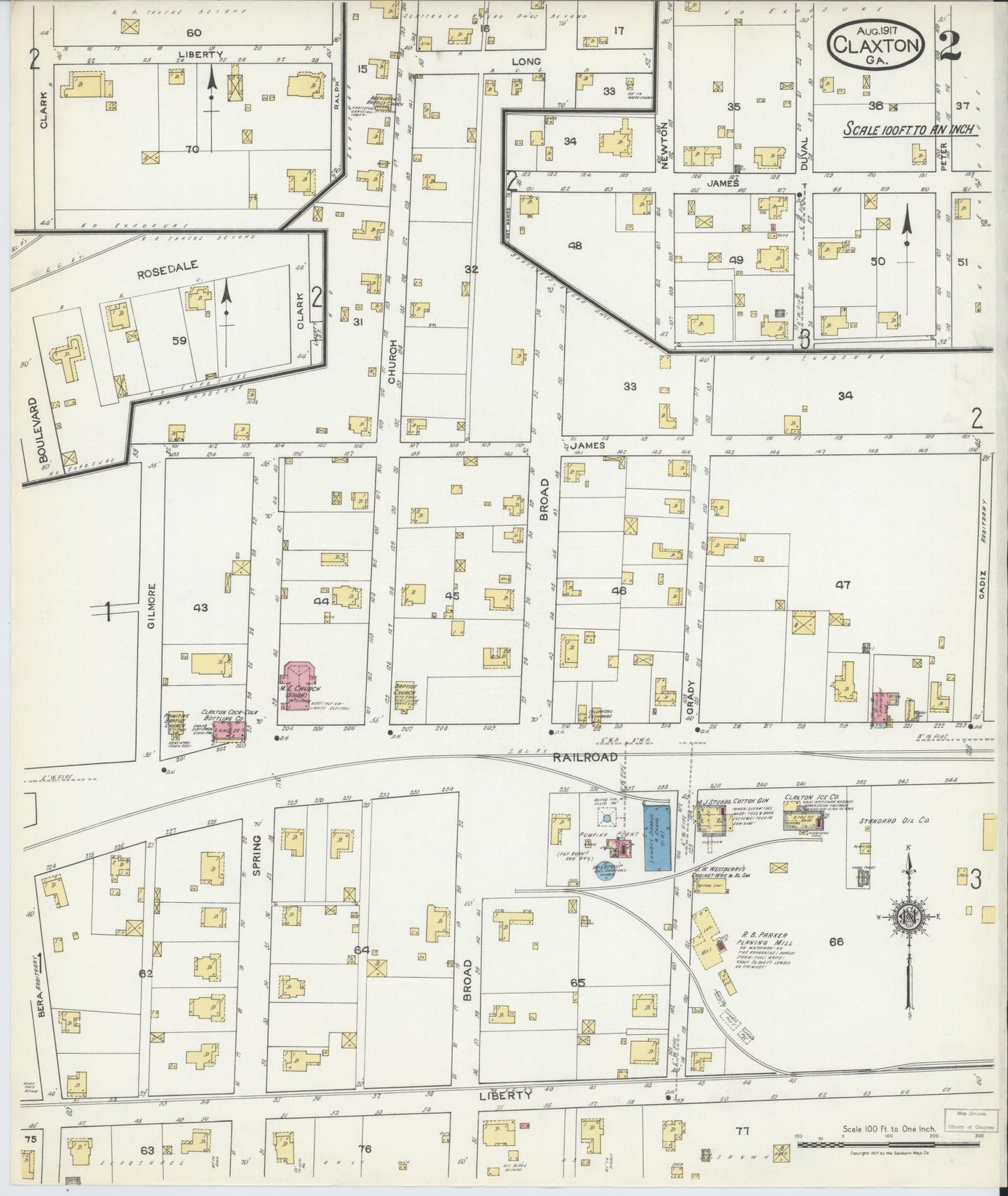 Sanborn Fire Insurance Map from Claxton, Evans County, Georgia (1917), Sheet #0002 - Historic Sanborn Fire Insurance Map Print, vintage old map wall art, antique decor, genealogy gift, Georgia Georgia map