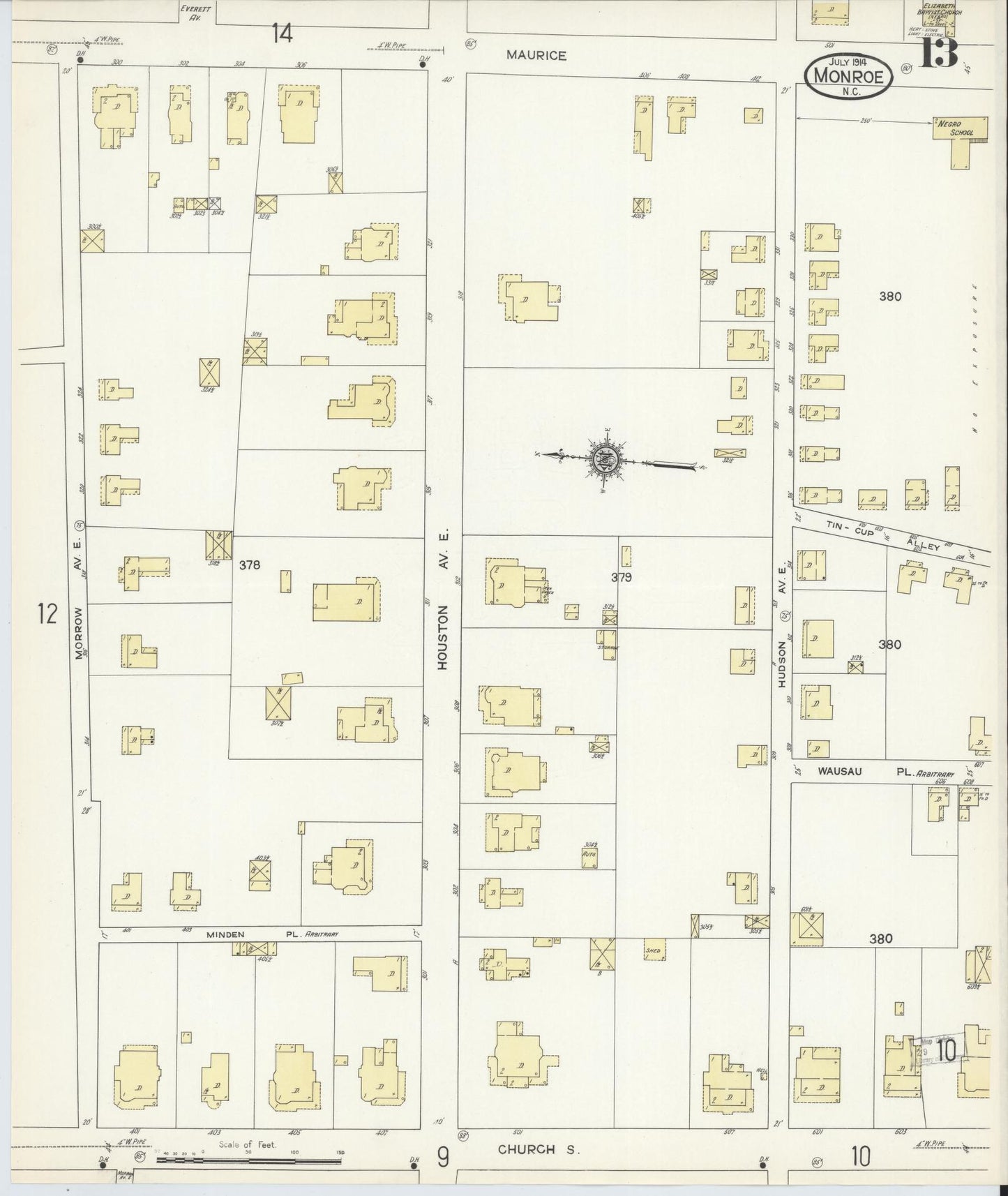 Sanborn Fire Insurance Map from Monroe, Union County, North Carolina (1914), Sheet #0013 - Historic Sanborn Fire Insurance Map Print, vintage old map wall art, antique decor, genealogy gift, North Carolina North Carolina map