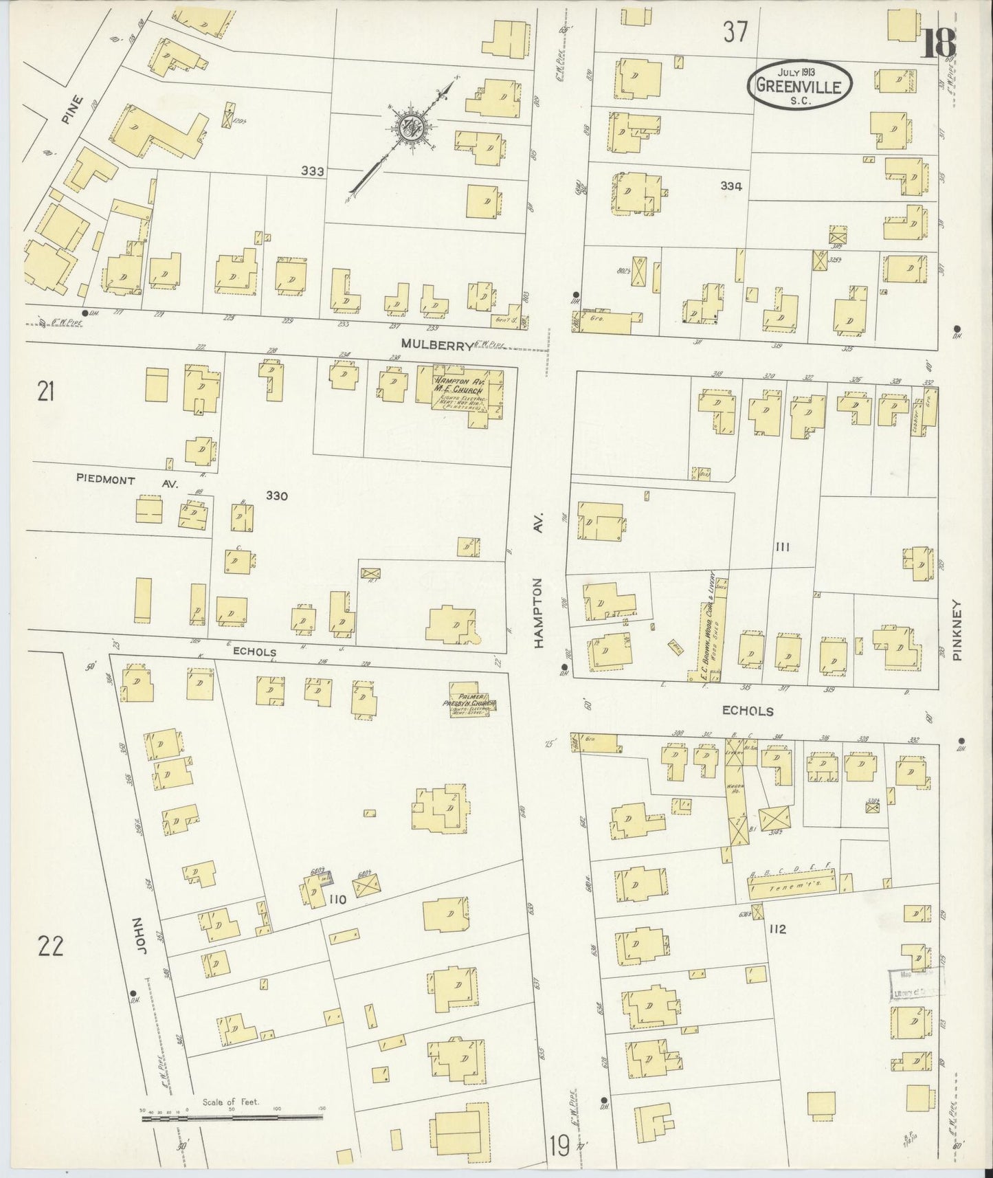 Sanborn Fire Insurance Map from Greenville, Greenville County, South Carolina (1913), Sheet #0018 - Historic Sanborn Fire Insurance Map Print, vintage old map wall art, antique decor, genealogy gift, South Carolina South Carolina map