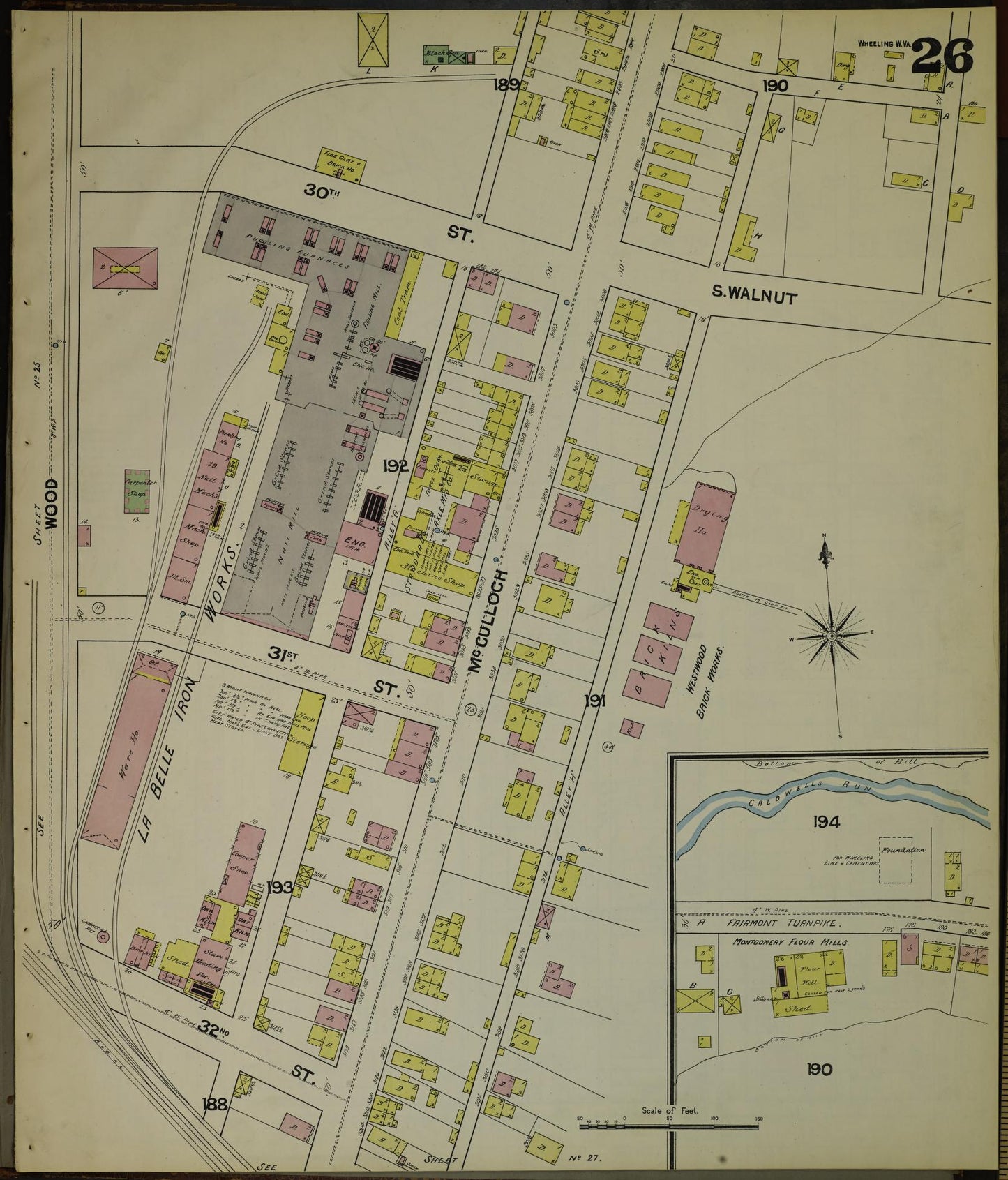 Sanborn Fire Insurance Map from Wheeling, Ohio County, West Virginia (1890), Sheet #0026 - Historic Sanborn Fire Insurance Map Print, vintage old map wall art, antique decor, genealogy gift, West Virginia West Virginia map