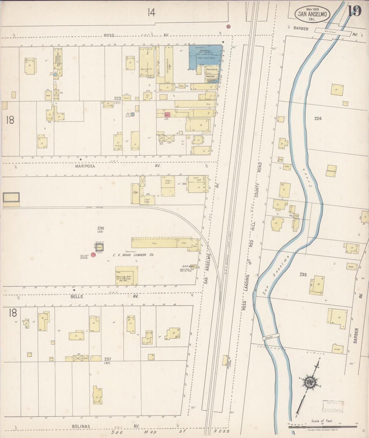 Sanborn Fire Insurance Map from San Anselmo, Marin County, California (1919), Sheet #0019 - Complete Map Set gallery image, historic Sanborn map, vintage wall art, California California