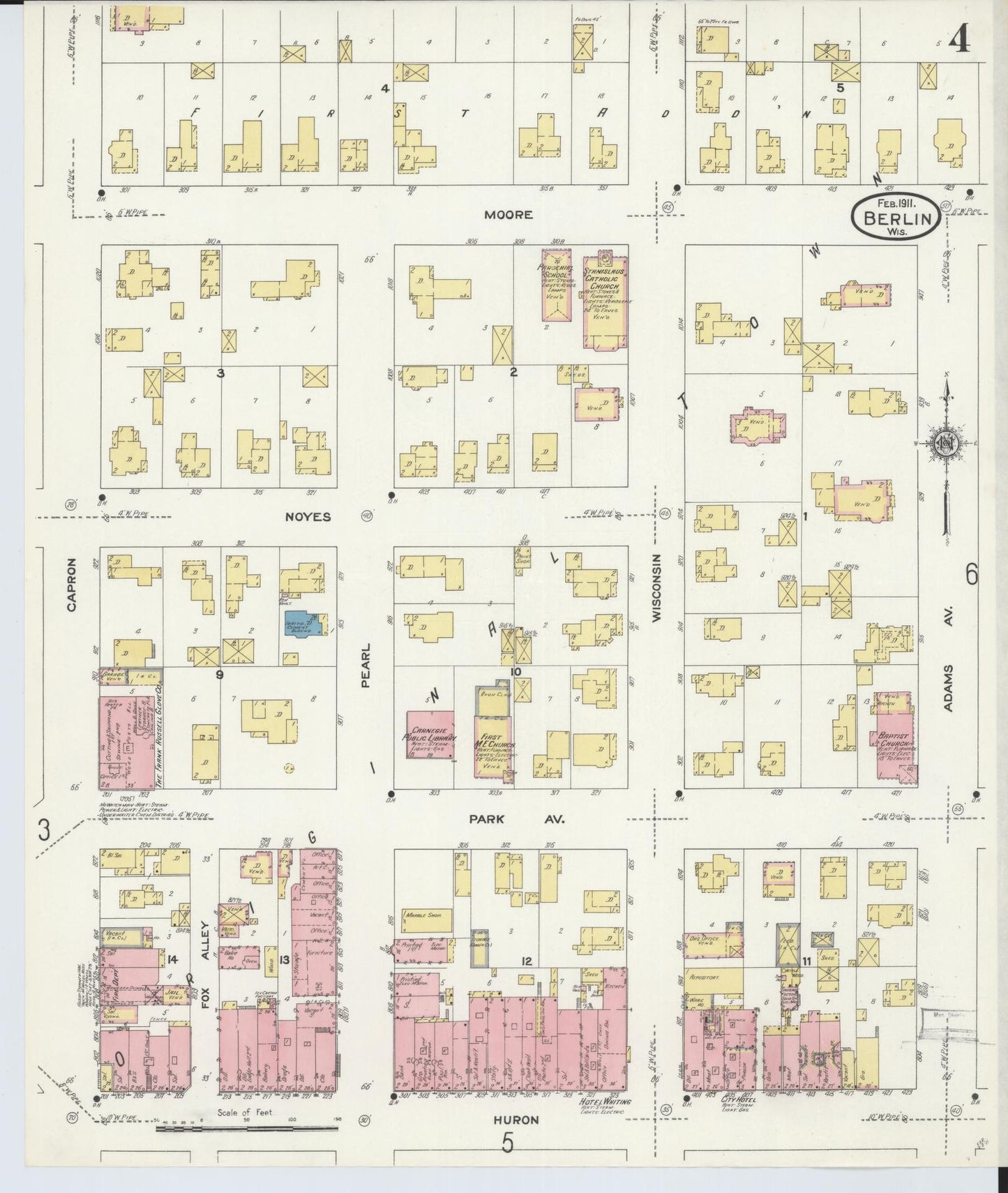 Sanborn Fire Insurance Map from Berlin, Green Lake County, Wisconsin (1911), Sheet #0004 - Historic Sanborn Fire Insurance Map Print, vintage old map wall art, antique decor, genealogy gift, Wisconsin Wisconsin map
