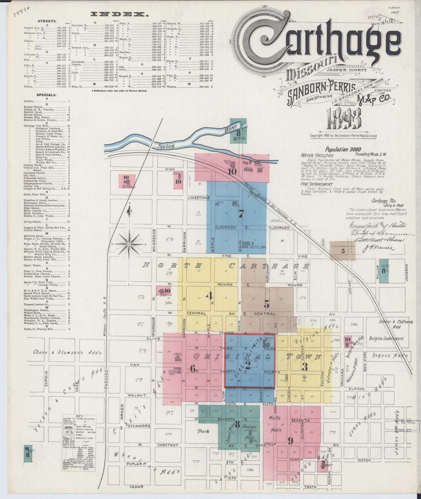 Sanborn Fire Insurance Map from Carthage, Jasper County, Missouri (1893), Sheet #0001 - Historic Sanborn Fire Insurance Map Print, vintage old map wall art, antique decor, genealogy gift, Missouri Missouri map