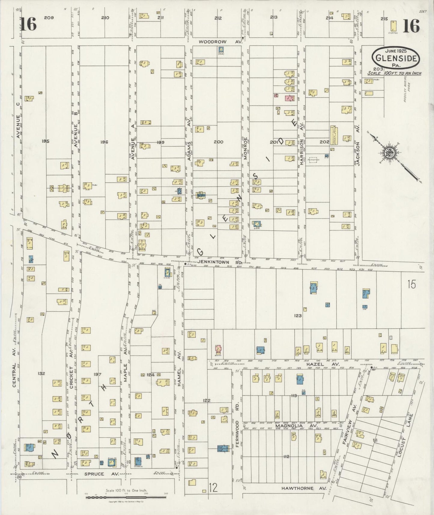 Sanborn Fire Insurance Map from Glenside, Montgomery County, Pennsylvania (1925), Sheet #0016 - Historic Sanborn Fire Insurance Map Print, vintage old map wall art, antique decor, genealogy gift, Pennsylvania Pennsylvania map