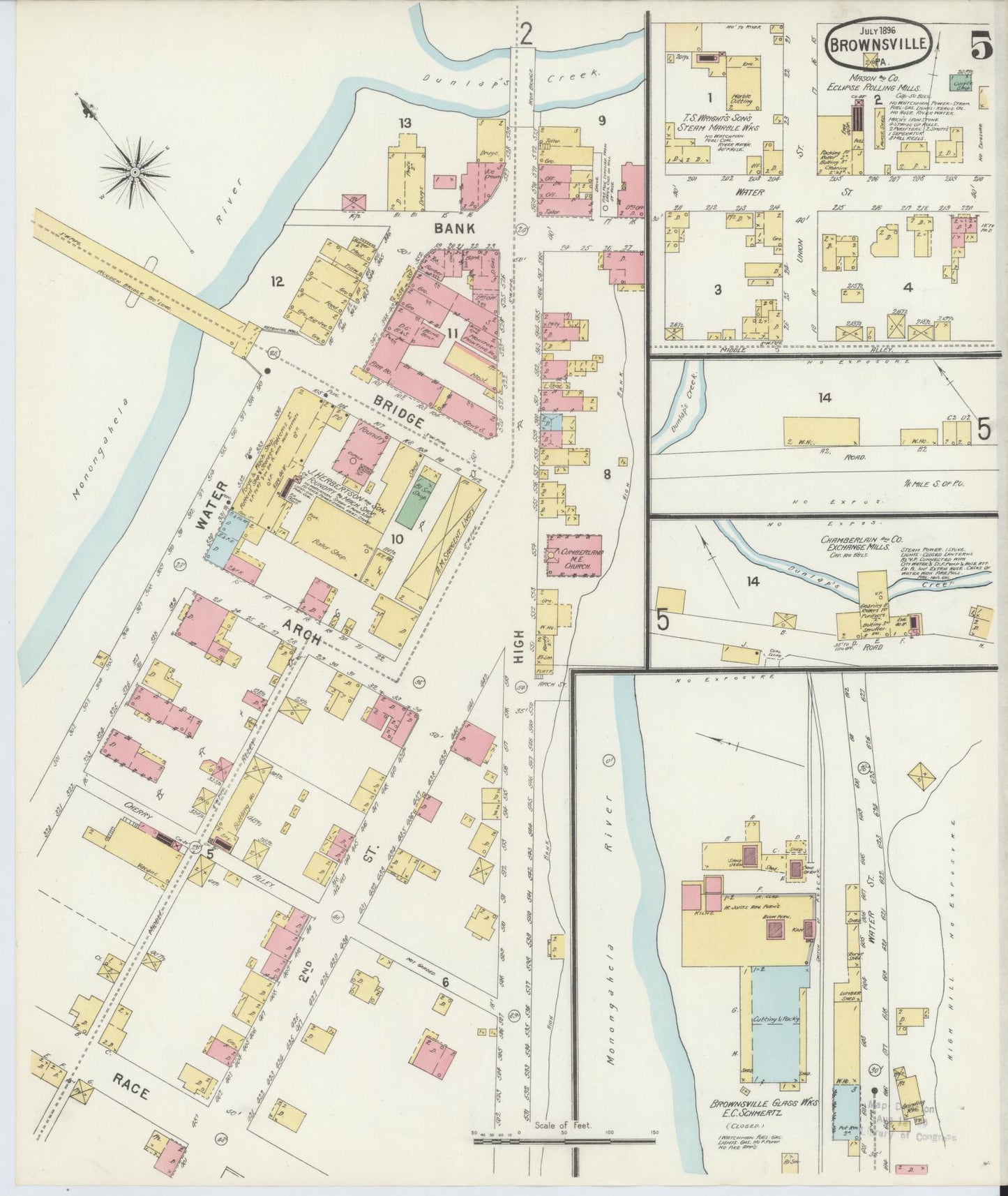 Sanborn Fire Insurance Map from Brownsville, Fayette County, Pennsylvania (1896), Sheet #0005 - Historic Sanborn Fire Insurance Map Print, vintage old map wall art, antique decor, genealogy gift, Pennsylvania Pennsylvania map