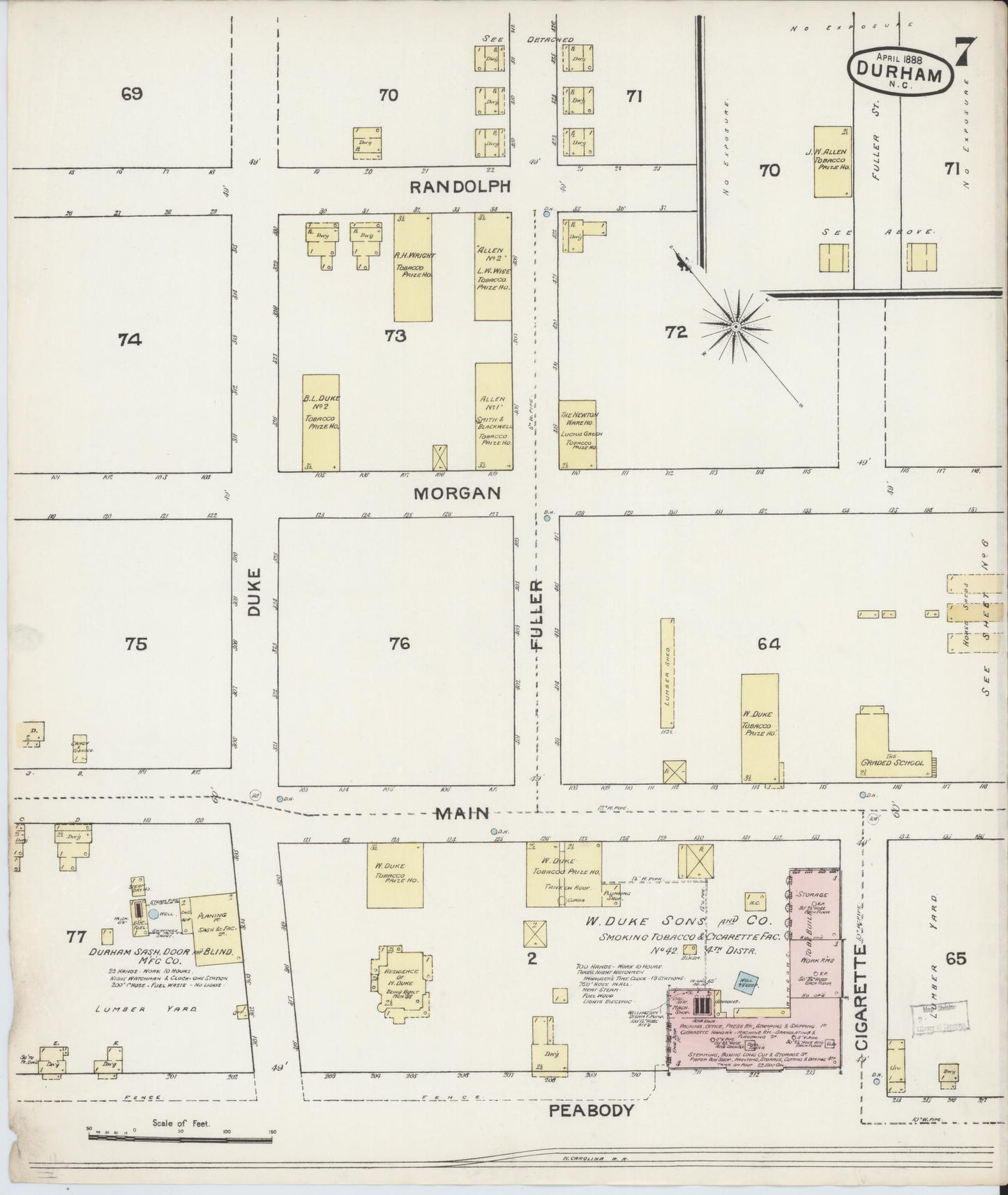 Sanborn Fire Insurance Map from Durham, Durham County, North Carolina (1888), Sheet #0007 - Complete Map Set gallery image, historic Sanborn map, vintage wall art, North Carolina North Carolina