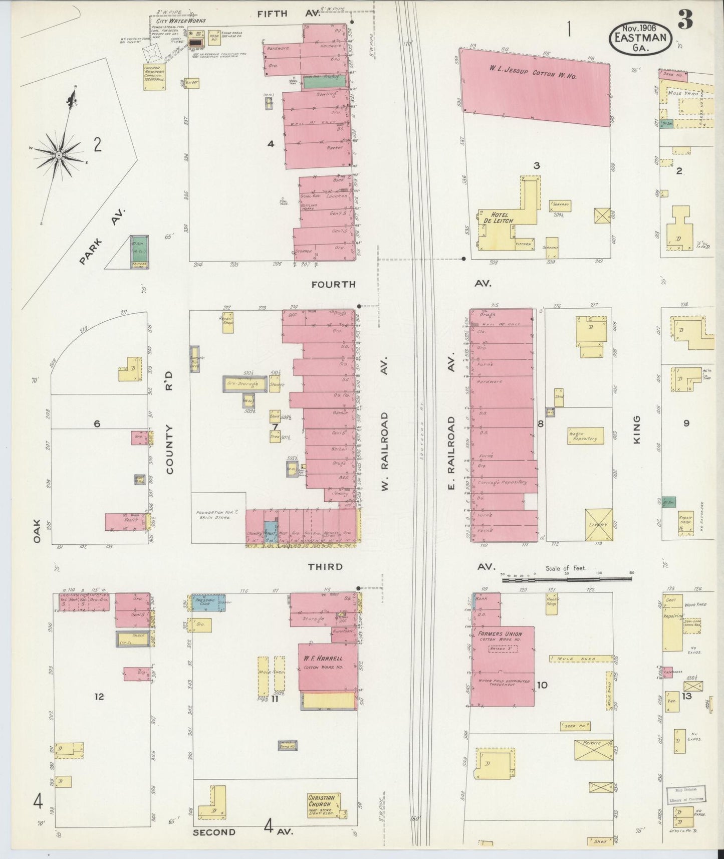 Sanborn Fire Insurance Map from Eastman, Dodge County, Georgia (1908), Sheet #0003 - Historic Sanborn Fire Insurance Map Print, vintage old map wall art, antique decor, genealogy gift, Georgia Georgia map