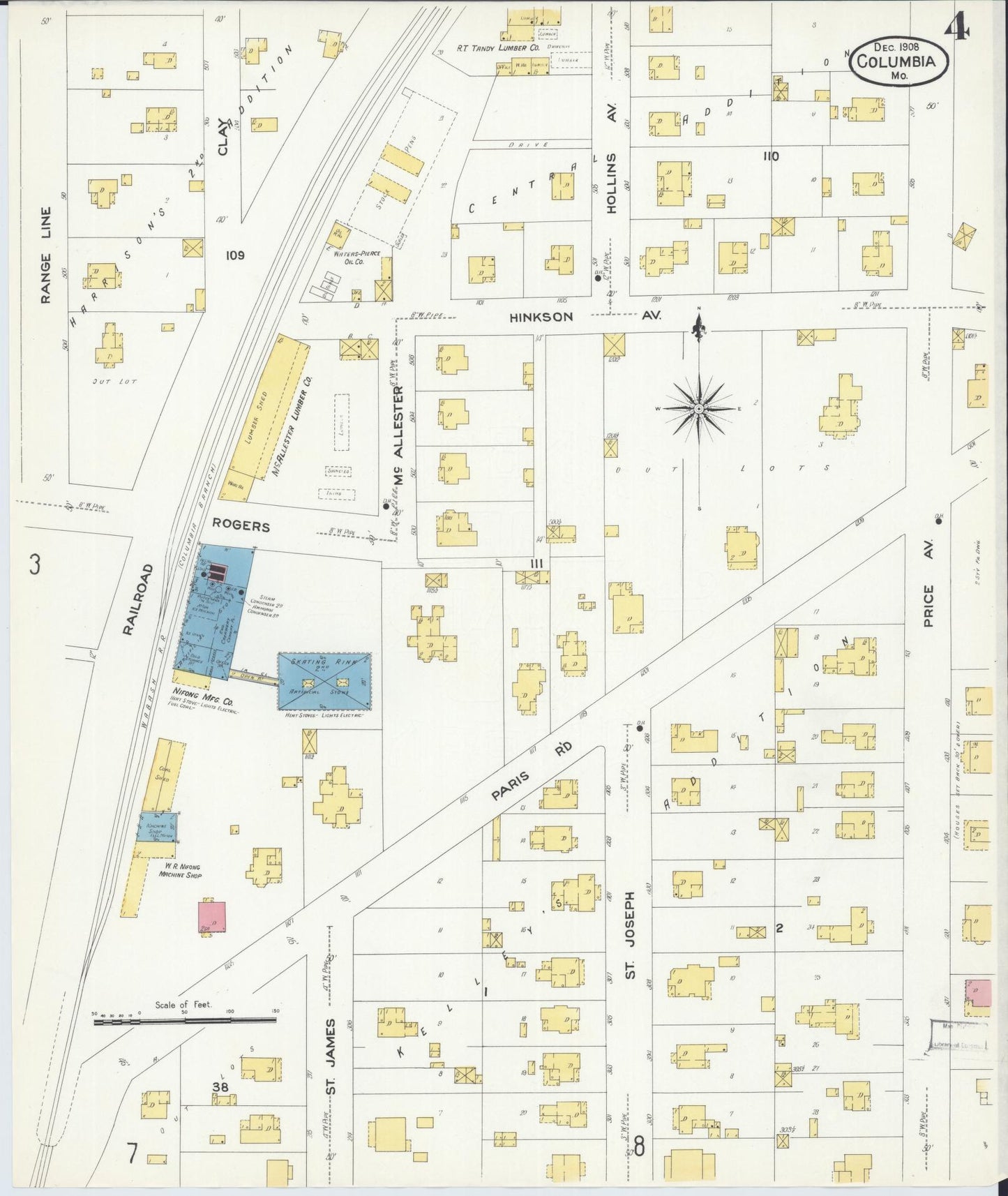 Sanborn Fire Insurance Map from Columbia, Boone County, Missouri (1908), Sheet #0004 - Historic Sanborn Fire Insurance Map Print, vintage old map wall art, antique decor, genealogy gift, Missouri Missouri map