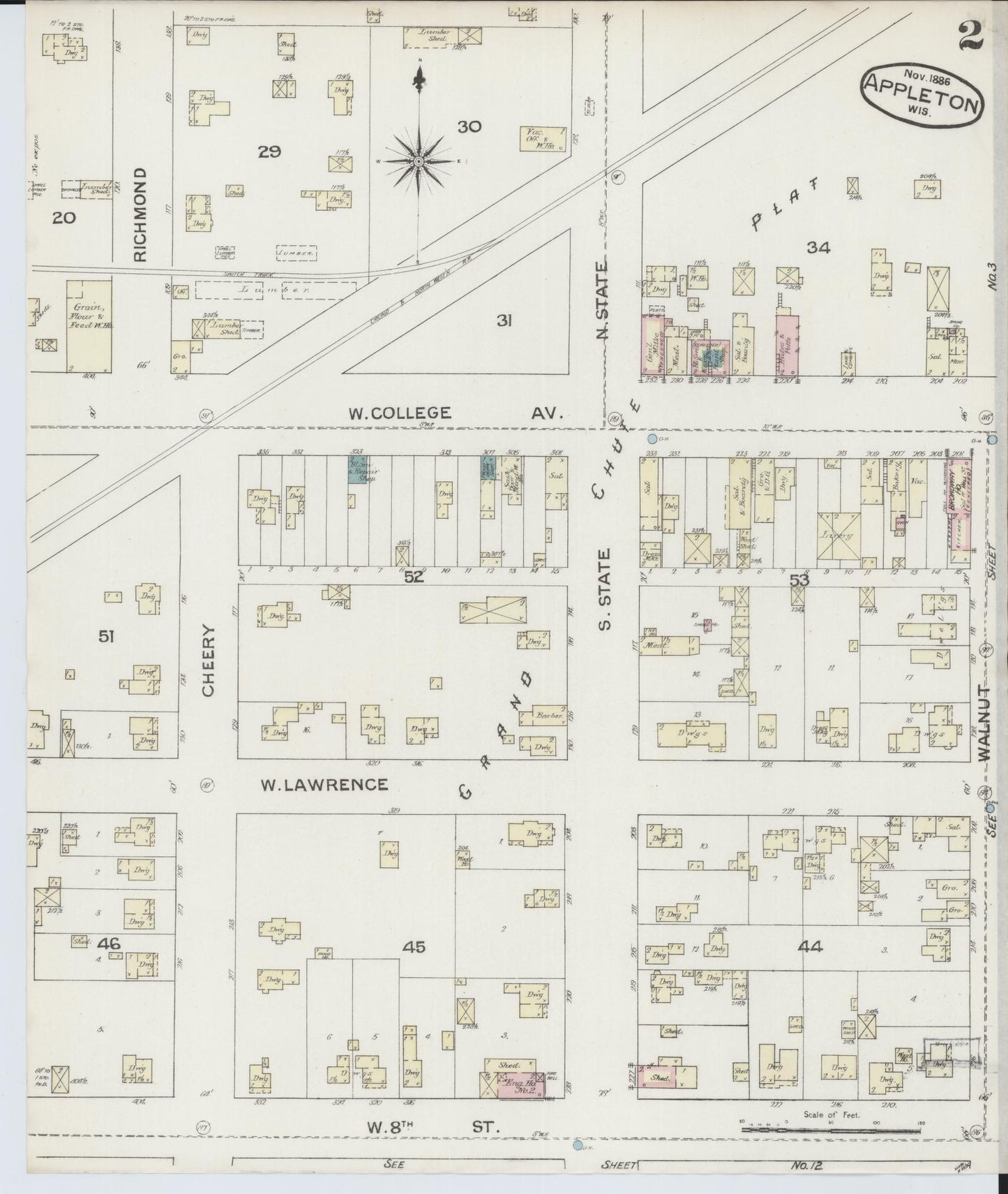 Sanborn Fire Insurance Map from Appleton, Outagamie County, Wisconsin (1886), Sheet #0002 - Historic Sanborn Fire Insurance Map Print, vintage old map wall art, antique decor, genealogy gift, Wisconsin Wisconsin map