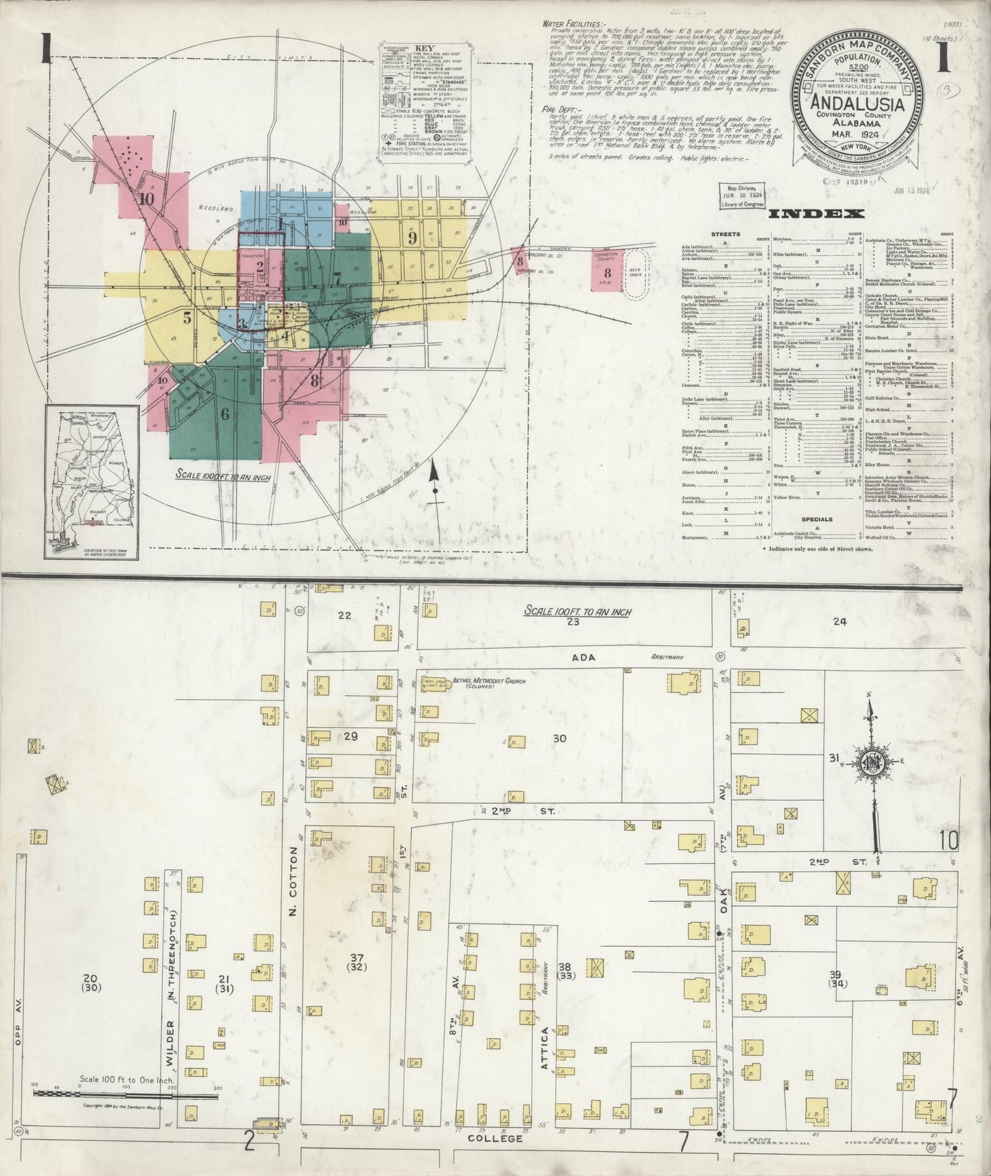 Sanborn Fire Insurance Map from Andalusia, Covington County, Alabama (1924), Sheet #0001 - Historic Sanborn Fire Insurance Map Print, vintage old map wall art, antique decor, genealogy gift, Alabama Alabama map