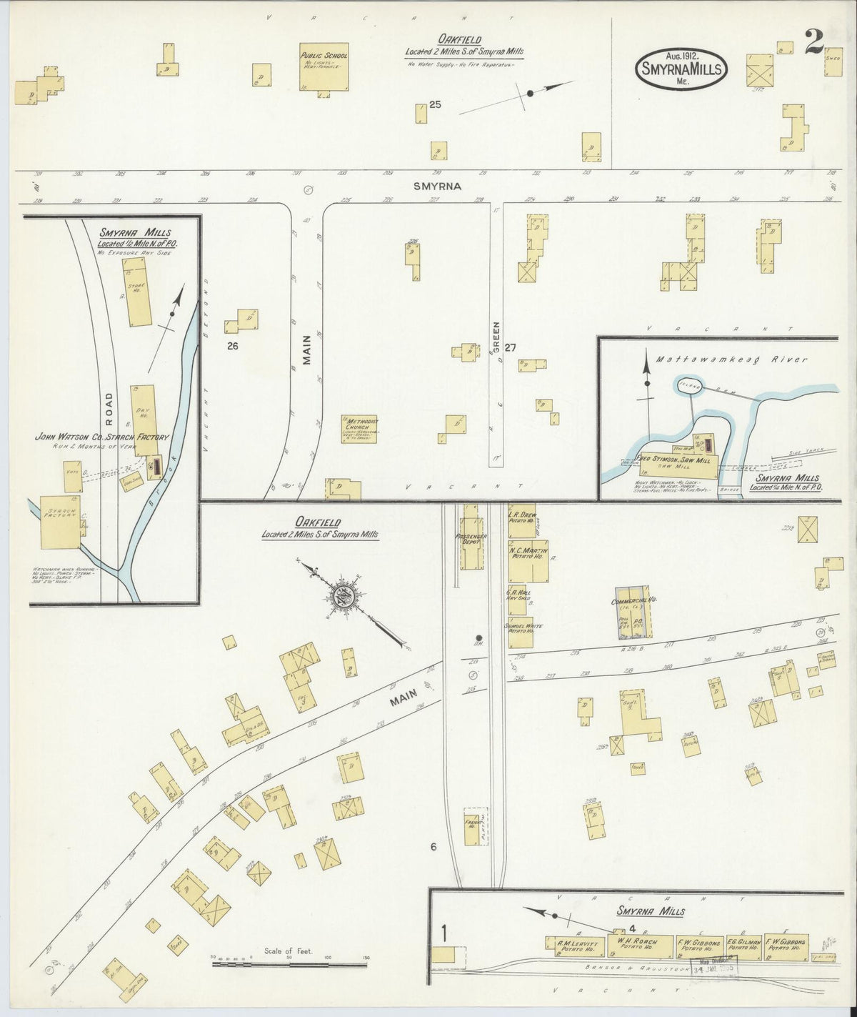 Sanborn Fire Insurance Map from Smyrna Mills, Aroostook County, Maine (1912), Sheet #0002 - Historic Sanborn Fire Insurance Map Print, vintage old map wall art, antique decor, genealogy gift, Maine Maine map