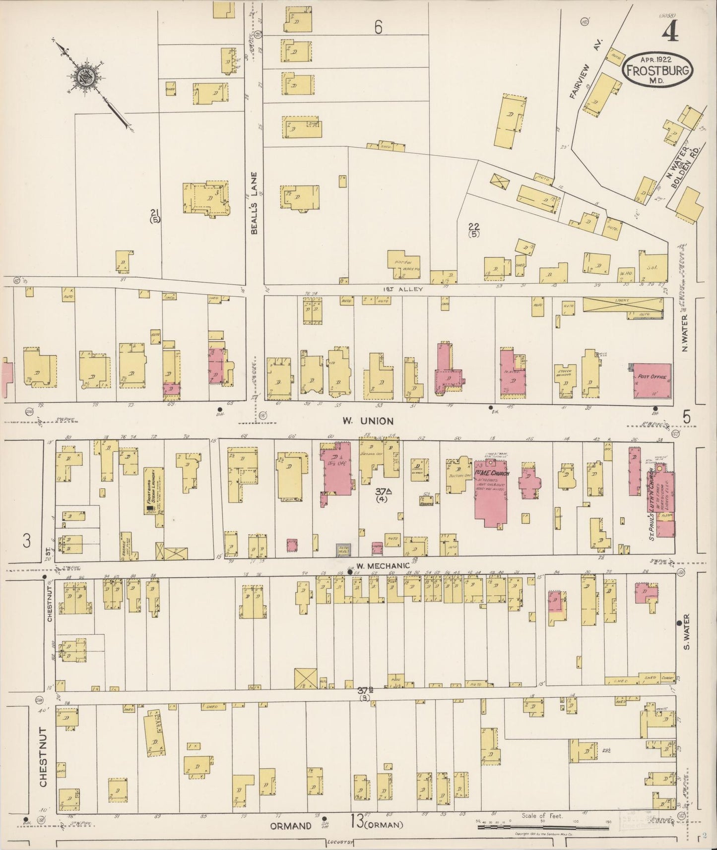 Sanborn Fire Insurance Map from Frostburg, Allegany County, Maryland (1922), Sheet #0004 - Historic Sanborn Fire Insurance Map Print, vintage old map wall art