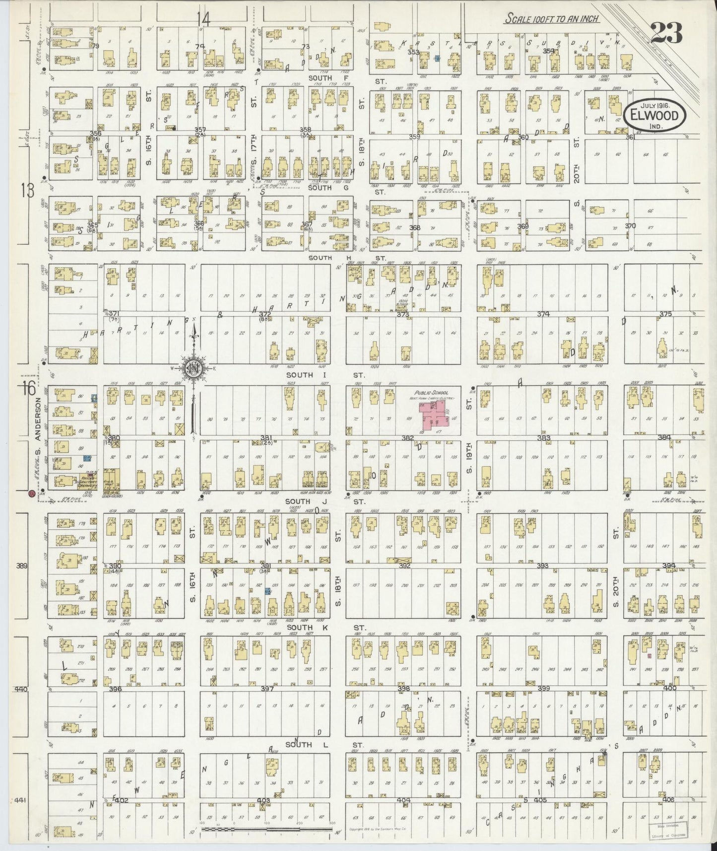 Sanborn Fire Insurance Map from Elwood, Madison County, Indiana (1916), Sheet #0023 - Complete Map Set gallery image, historic Sanborn map, vintage wall art, Indiana Indiana