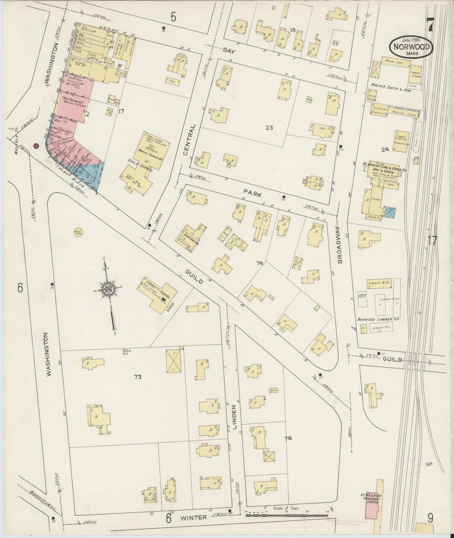 Sanborn Fire Insurance Map from Norwood, Norfolk County, Massachusetts (1915), Sheet #0007 - Historic Sanborn Fire Insurance Map Print, vintage old map wall art, antique decor, genealogy gift, Massachusetts Massachusetts map