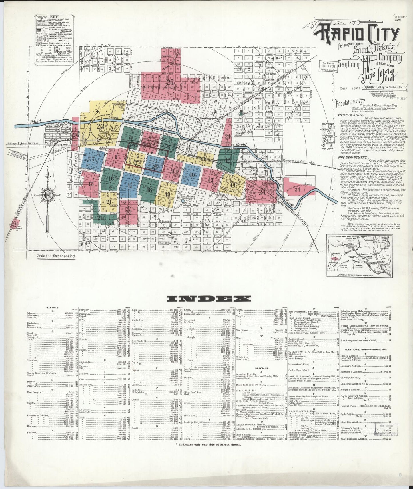 Sanborn Fire Insurance Map from Rapid City, Pennington County, South Dakota (1923), Sheet #0001 - Historic Sanborn Fire Insurance Map Print, vintage old map wall art, antique decor, genealogy gift, South Dakota South Dakota map