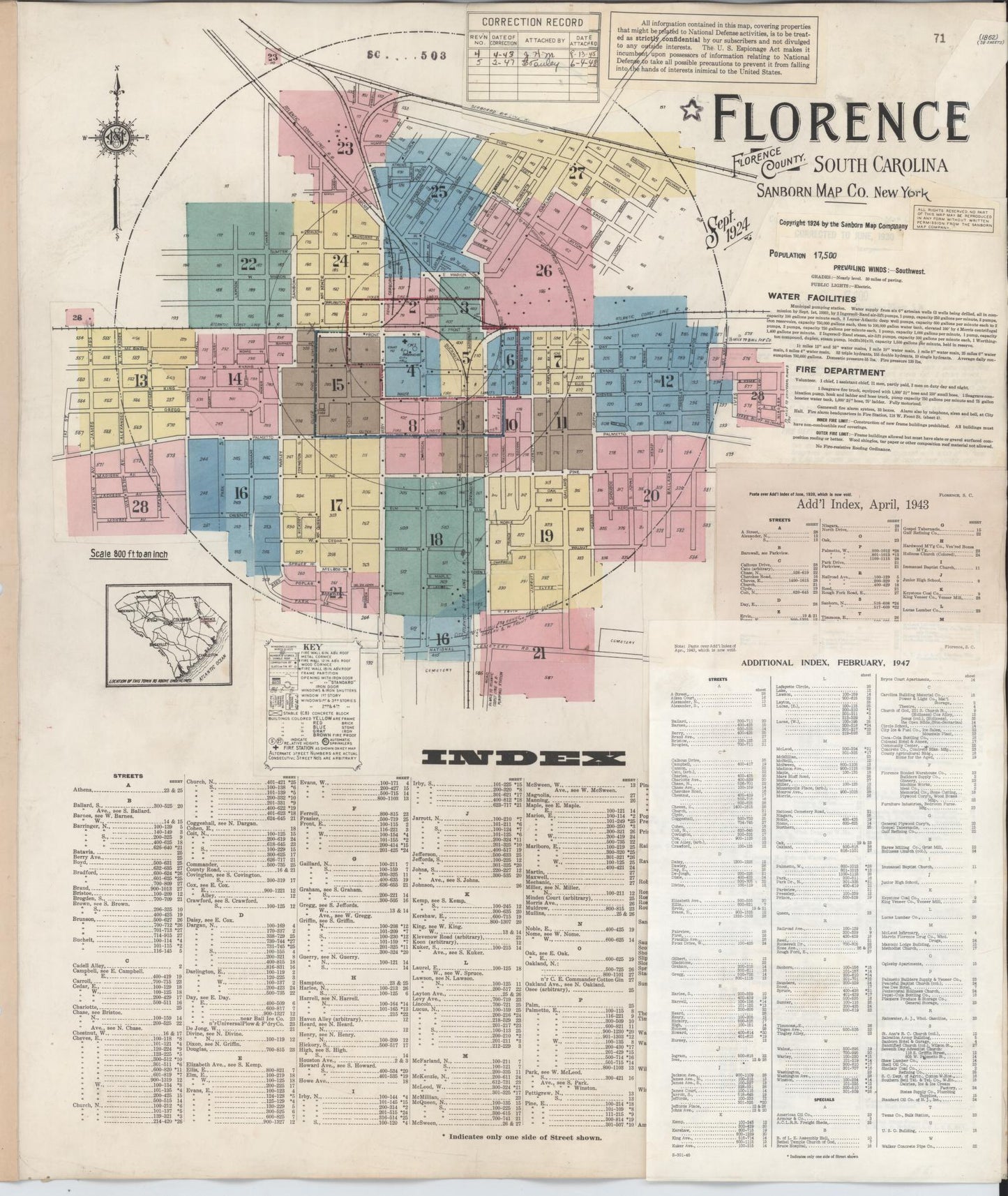 Sanborn Fire Insurance Map from Florence, Florence County, South Carolina (1947), Sheet #0001 - Historic Sanborn Fire Insurance Map Print, vintage old map wall art, antique decor, genealogy gift, South Carolina South Carolina map