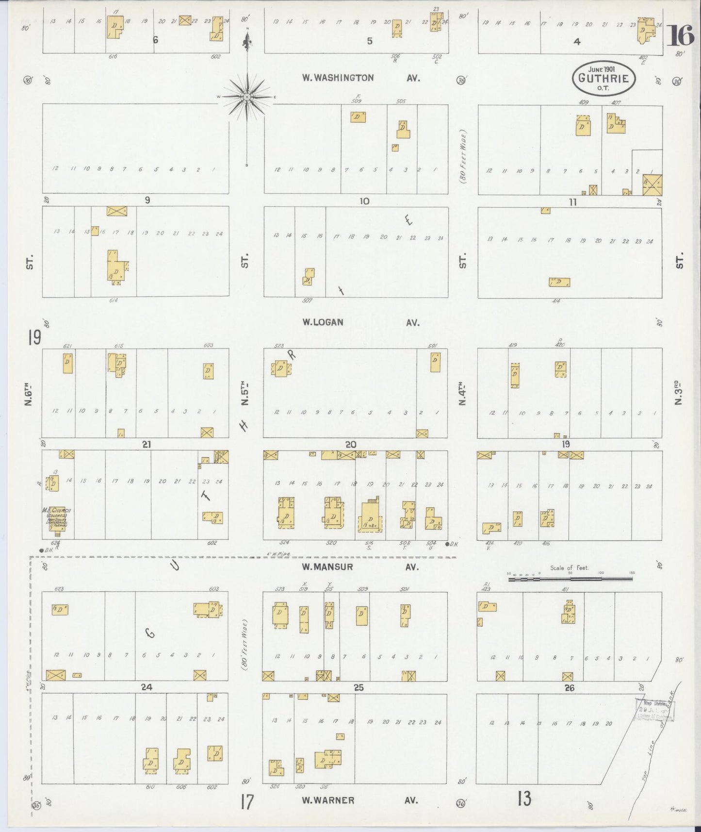 Sanborn Fire Insurance Map from Guthrie, Logan County, Oklahoma (1901), Sheet #0016 - Historic Sanborn Fire Insurance Map Print, vintage old map wall art, antique decor, genealogy gift, Oklahoma Oklahoma map