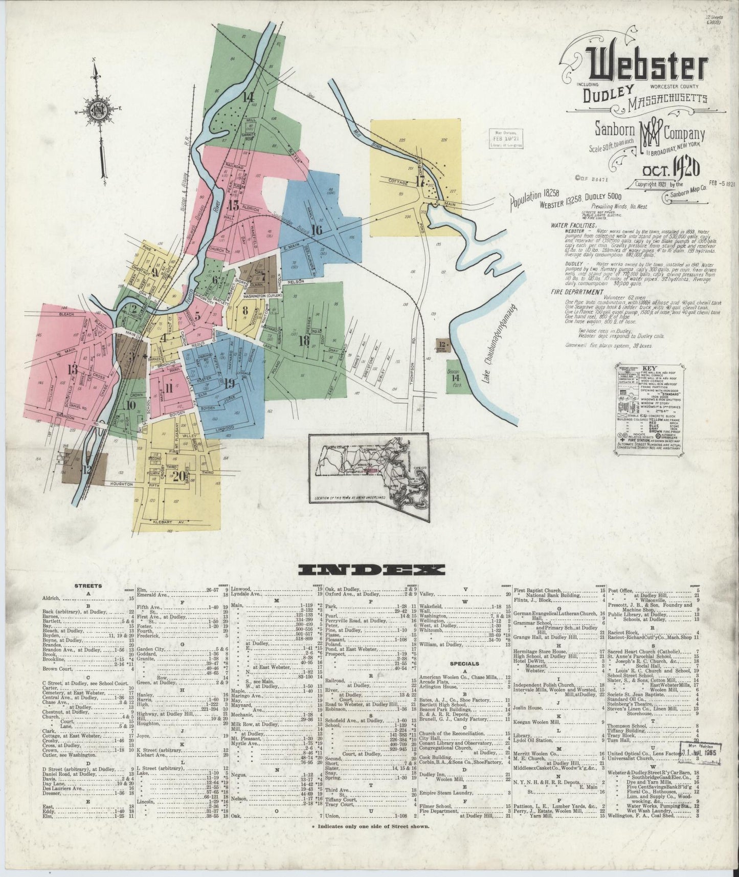 Sanborn Fire Insurance Map from Webster, Worcester County, Massachusetts. (1920) – Historic Sanborn Fire Insurance Map Print