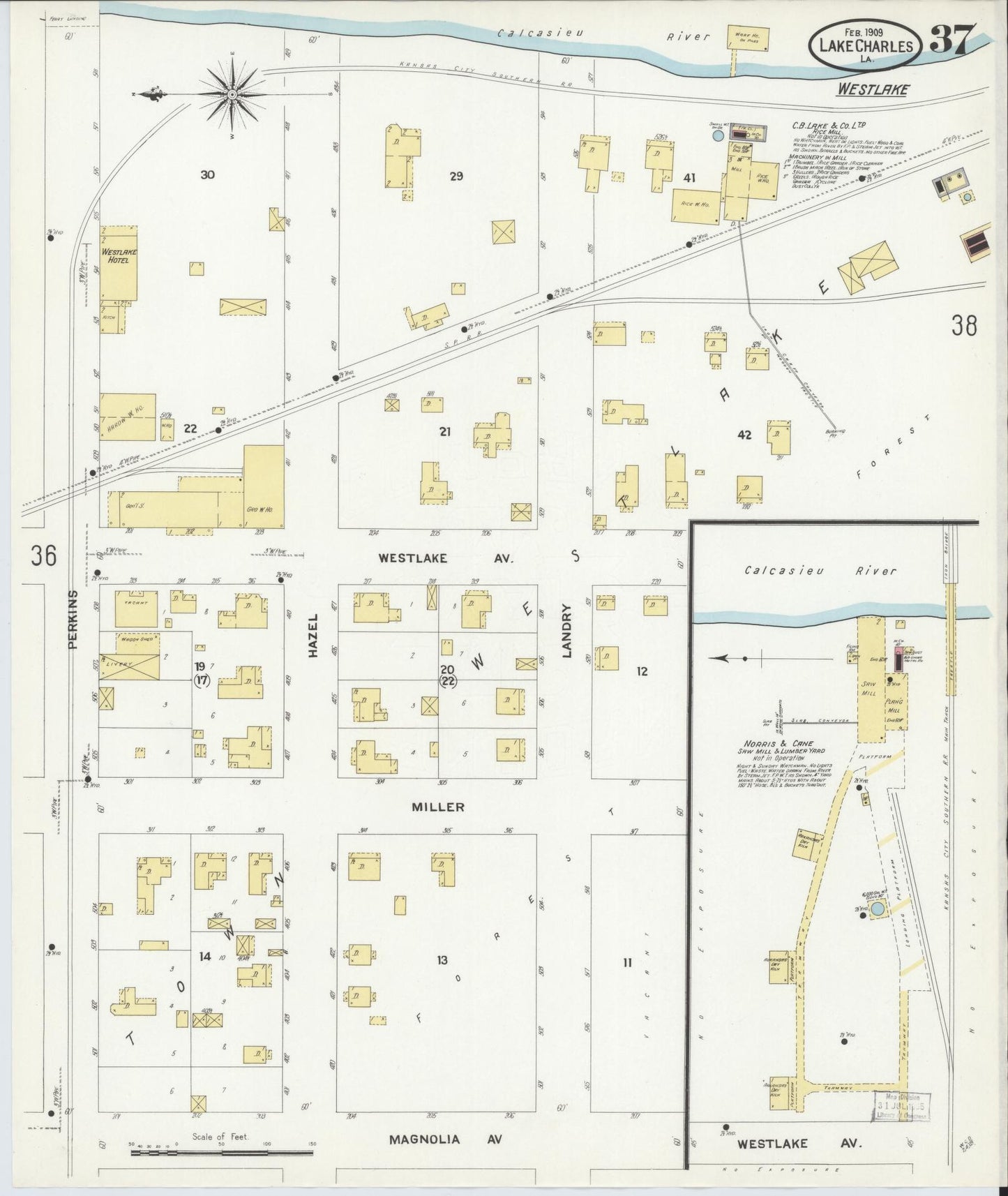 Sanborn Fire Insurance Map from Lake Charles, Calcasieu Parish, Louisiana (1909), Sheet #0037 - Historic Sanborn Fire Insurance Map Print, vintage old map wall art, antique decor, genealogy gift, Louisiana Louisiana map